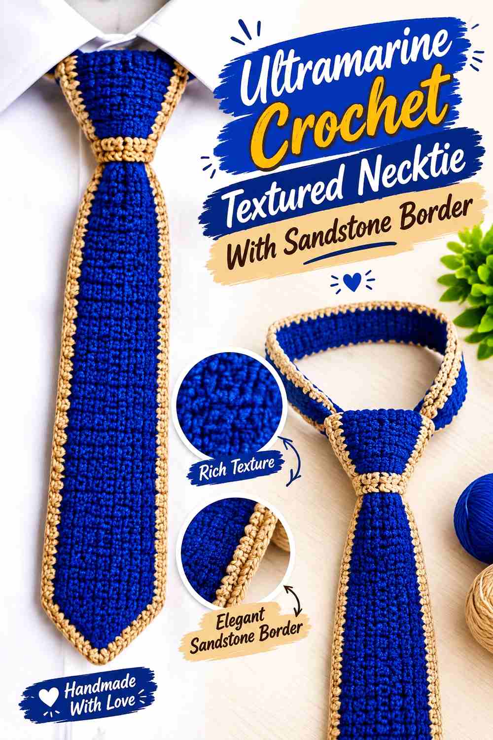 4. Ultramarine Crochet Textured Necktie With Sandstone Border