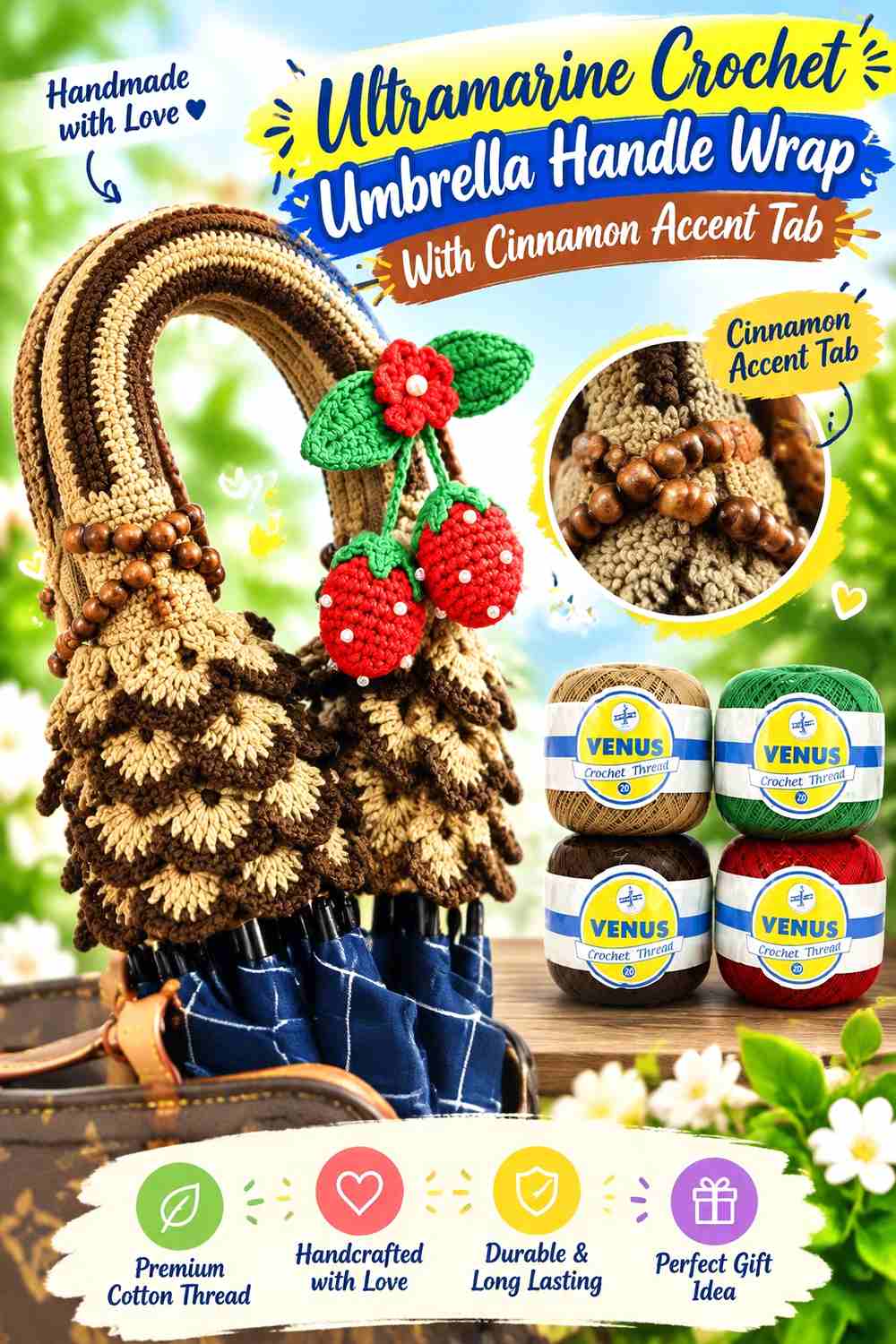 4. Ultramarine Crochet Umbrella Handle Wrap With Cinnamon Accent Tab