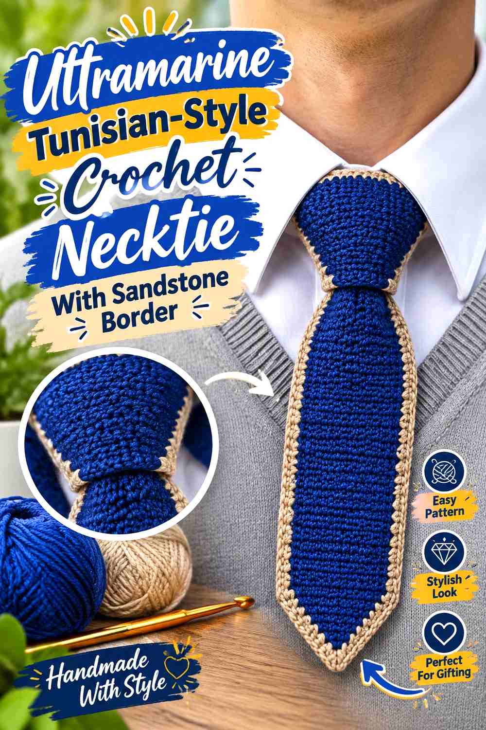 12. Ultramarine Tunisian Style Crochet Necktie With Sandstone Border