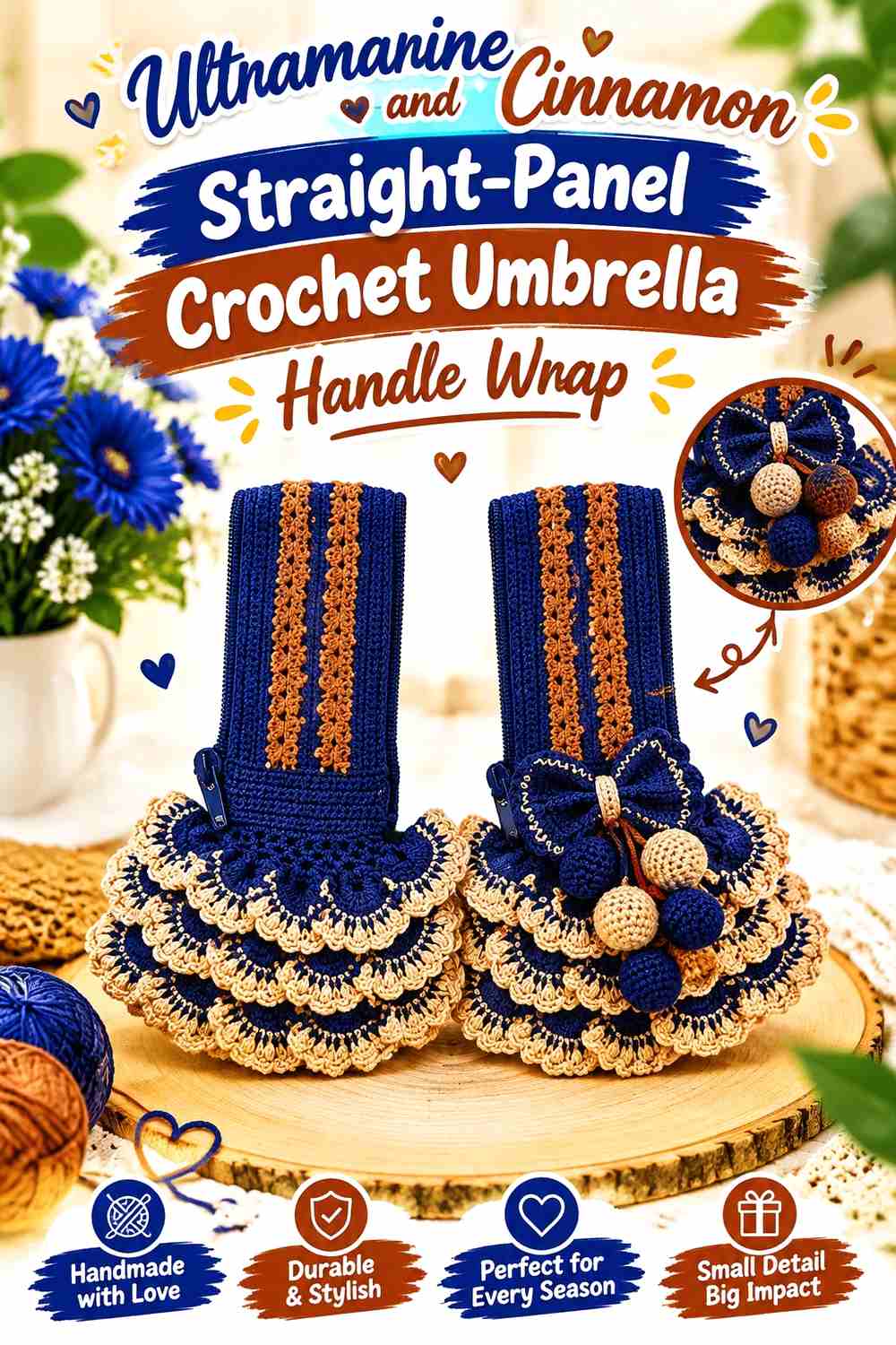 8. Ultramarine And Cinnamon Straight Panel Crochet Umbrella Handle Wrap