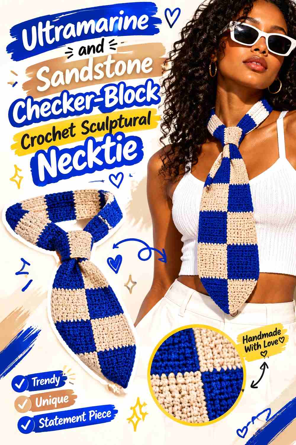 11. Ultramarine And Sandstone Checker Block Crochet Sculptural Necktie