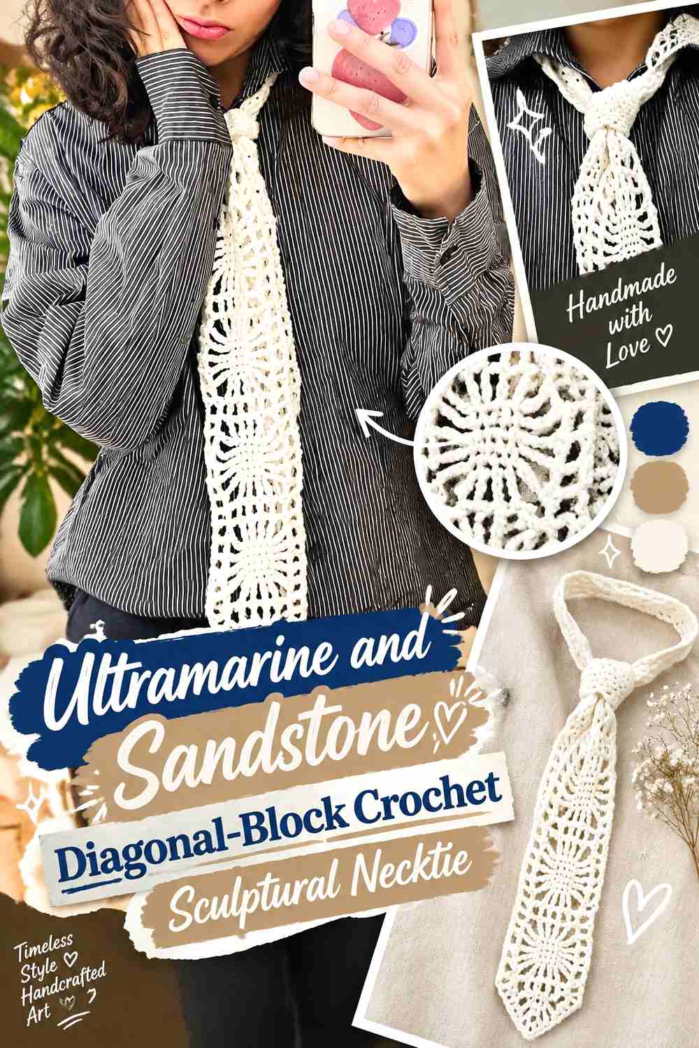 7. Ultramarine And Sandstone Diagonal Block Crochet Sculptural Necktie