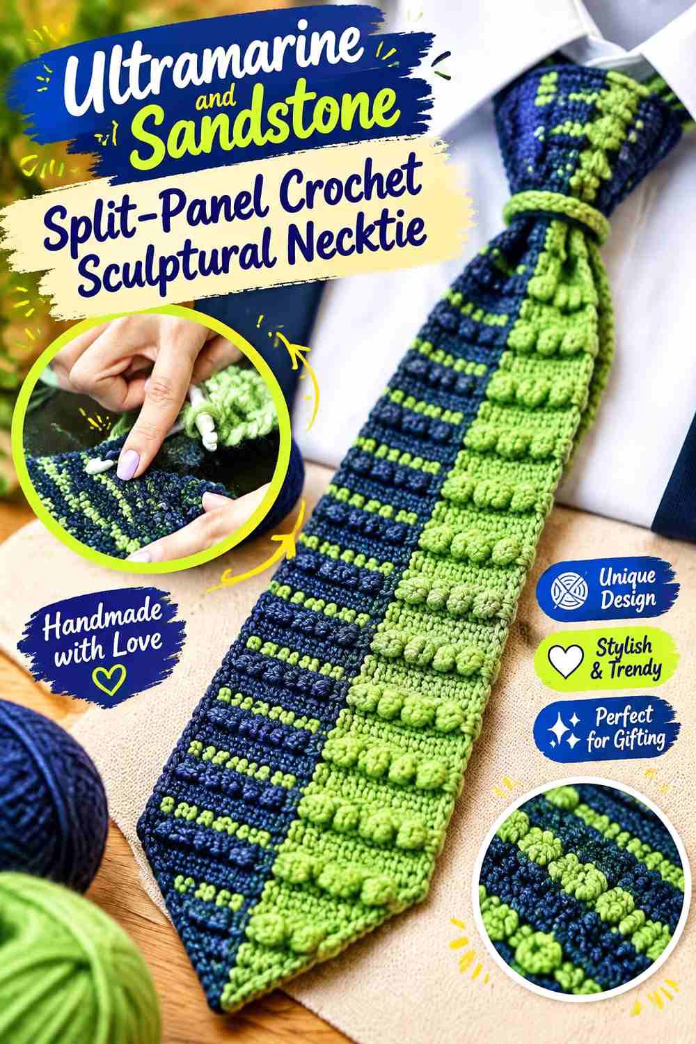 3. Ultramarine And Sandstone Split Panel Crochet Sculptural Necktie