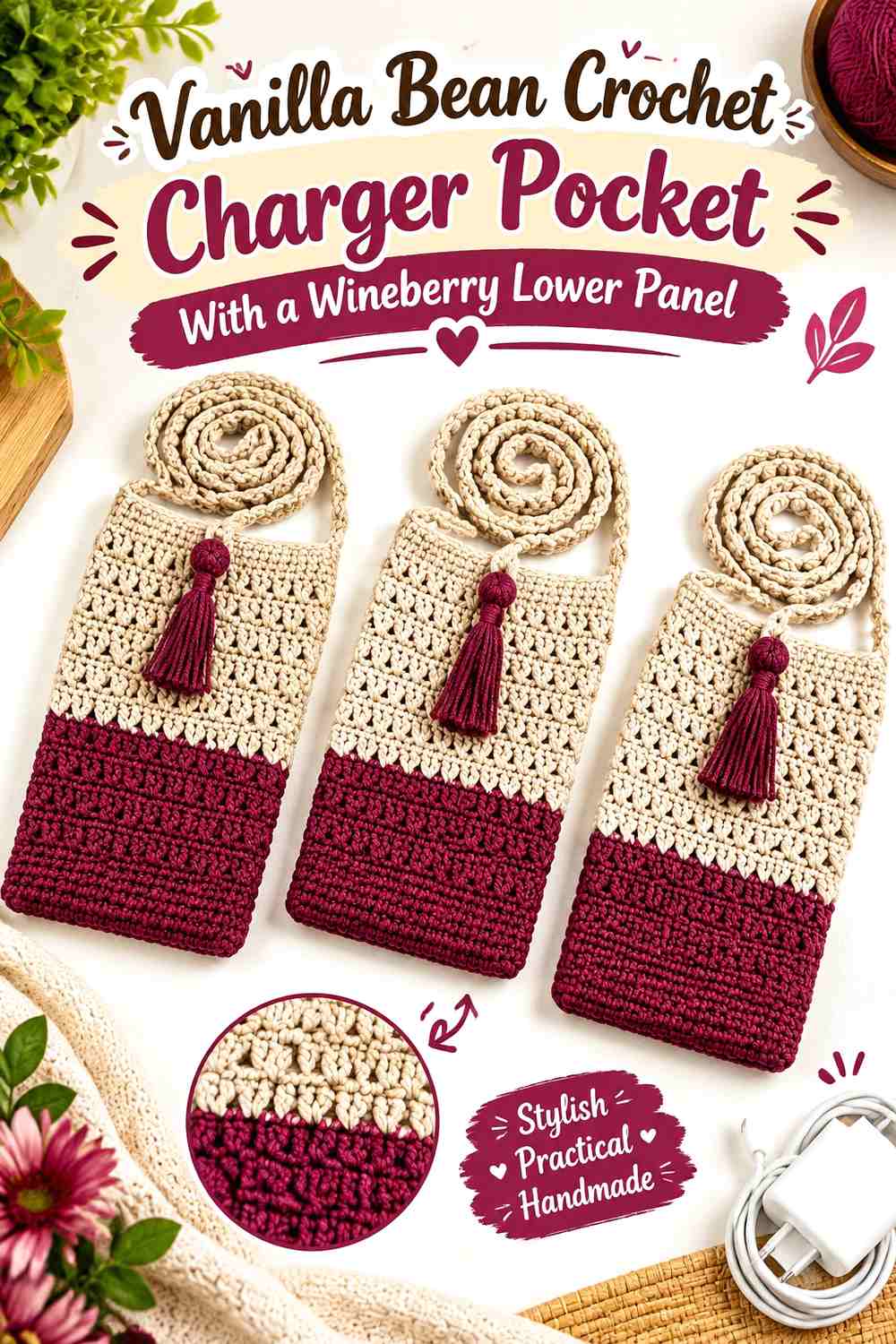 Vanilla Bean Crochet Charger Pocket With a Wineberry Lower Panel