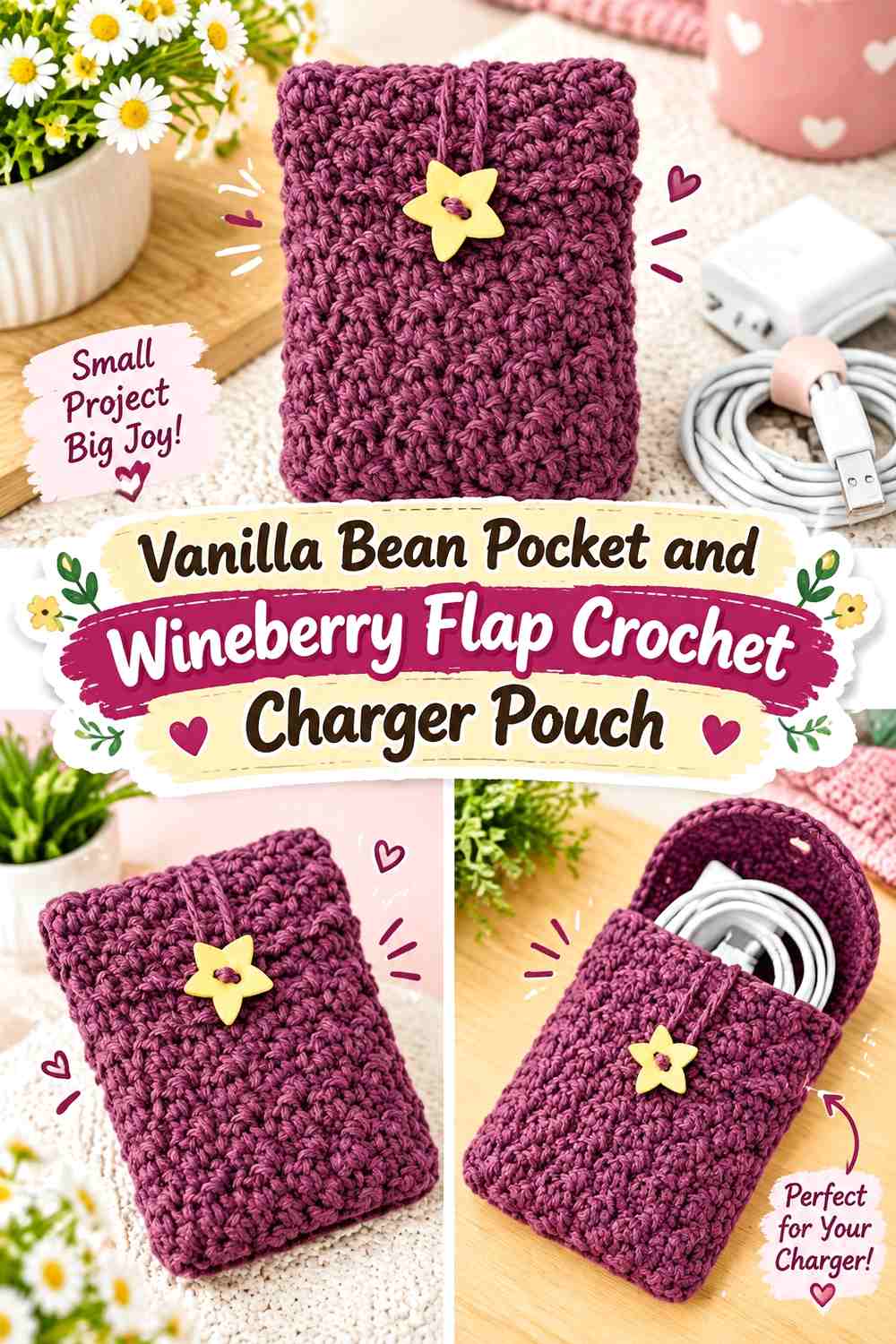 Vanilla Bean Pocket and Wineberry Flap Crochet Charger Pouch