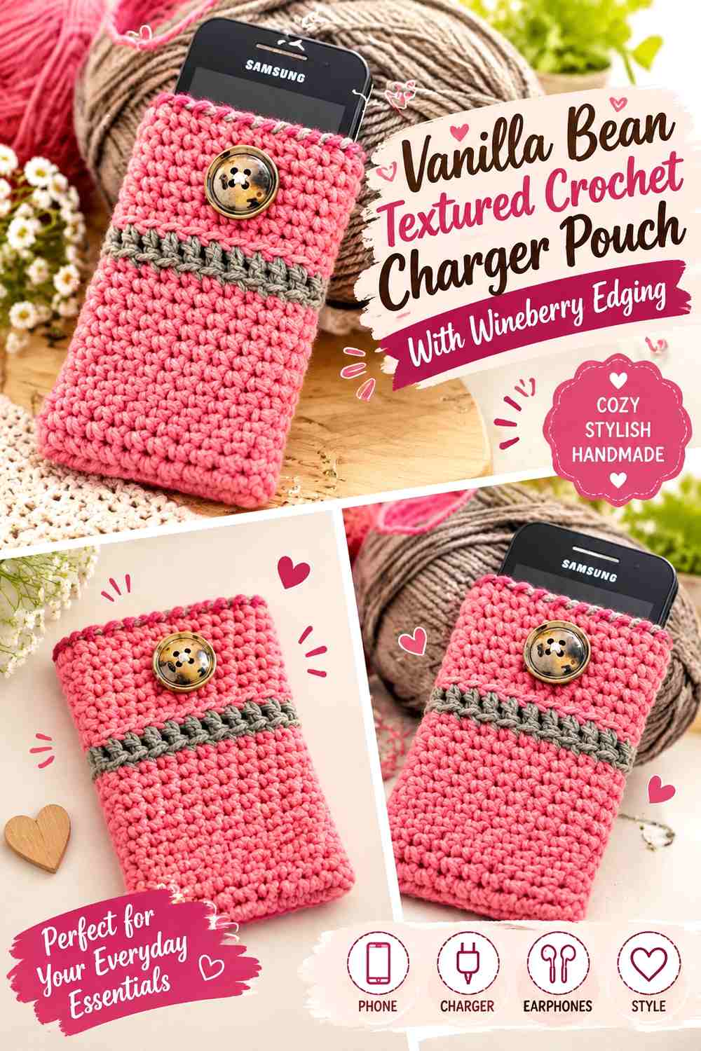 Vanilla Bean Textured Crochet Charger Pouch With Wineberry Edging