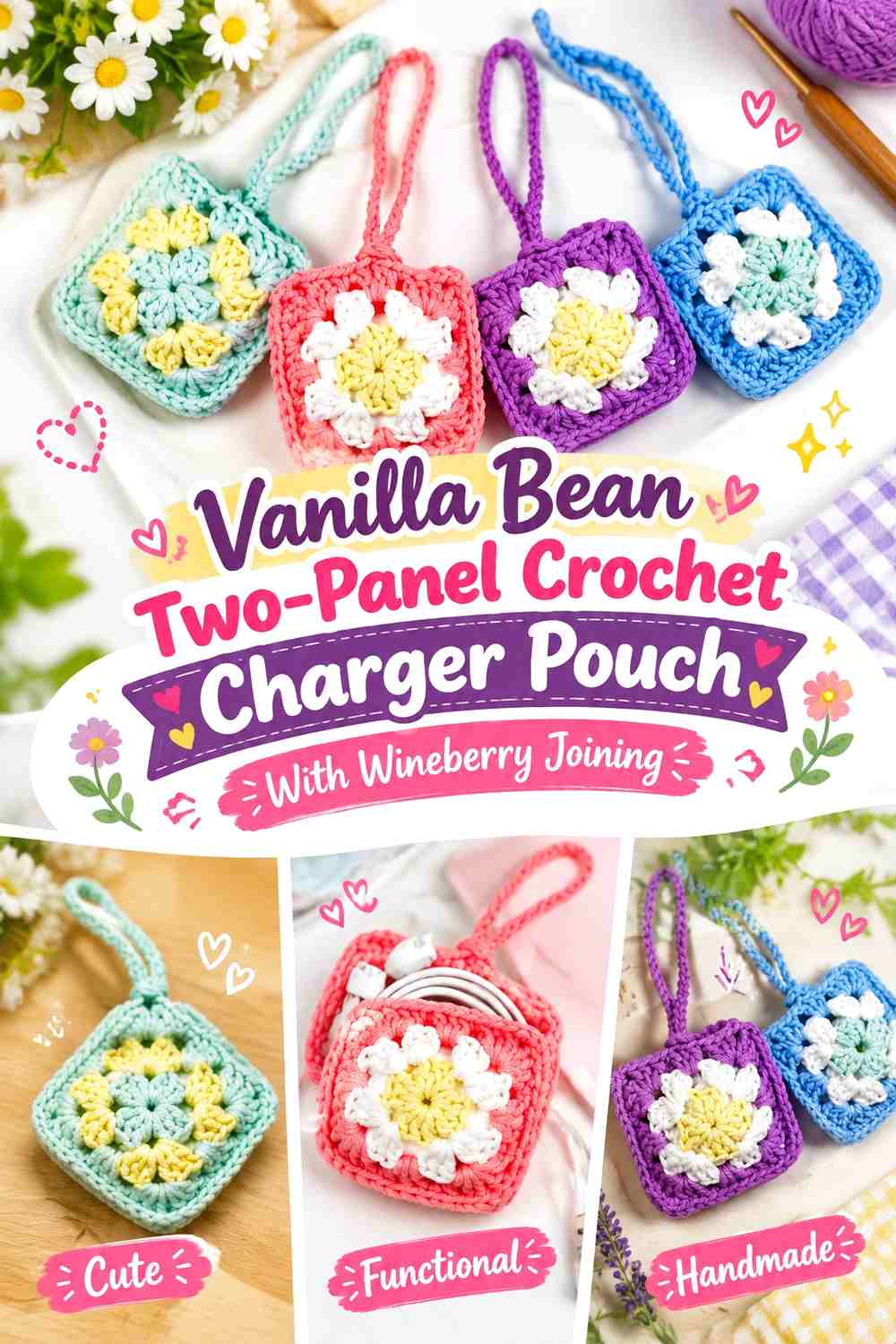 Vanilla Bean Two-Panel Crochet Charger Pouch With Wineberry Joining