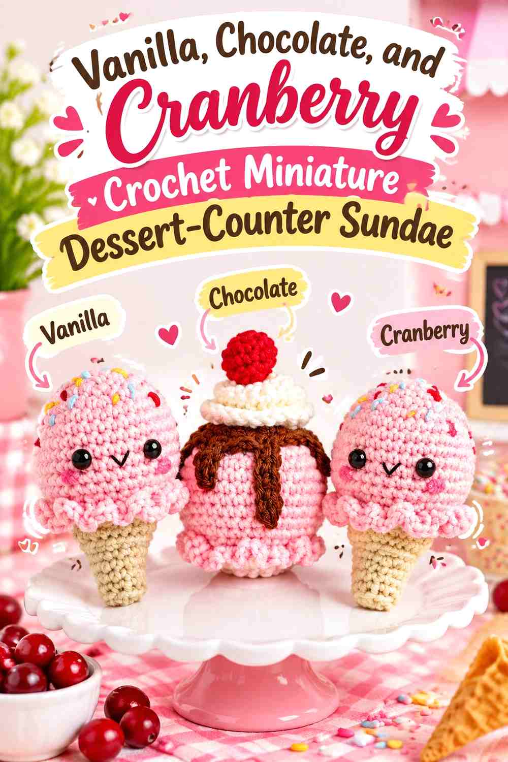 Vanilla, Chocolate, and Cranberry Crochet Miniature Dessert-Counter Sundae