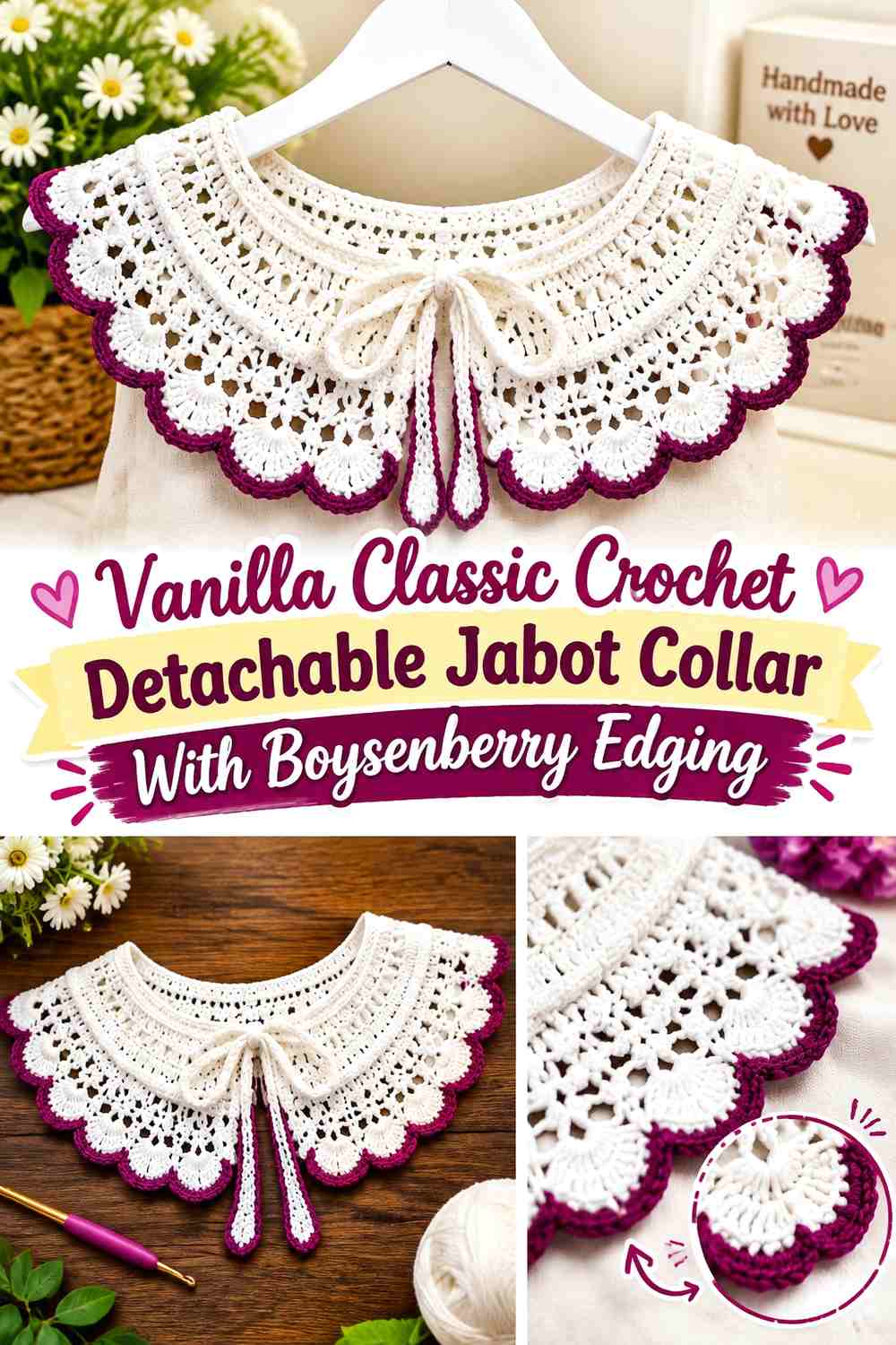 Vanilla Classic Crochet Detachable Jabot Collar With Boysenberry Edging