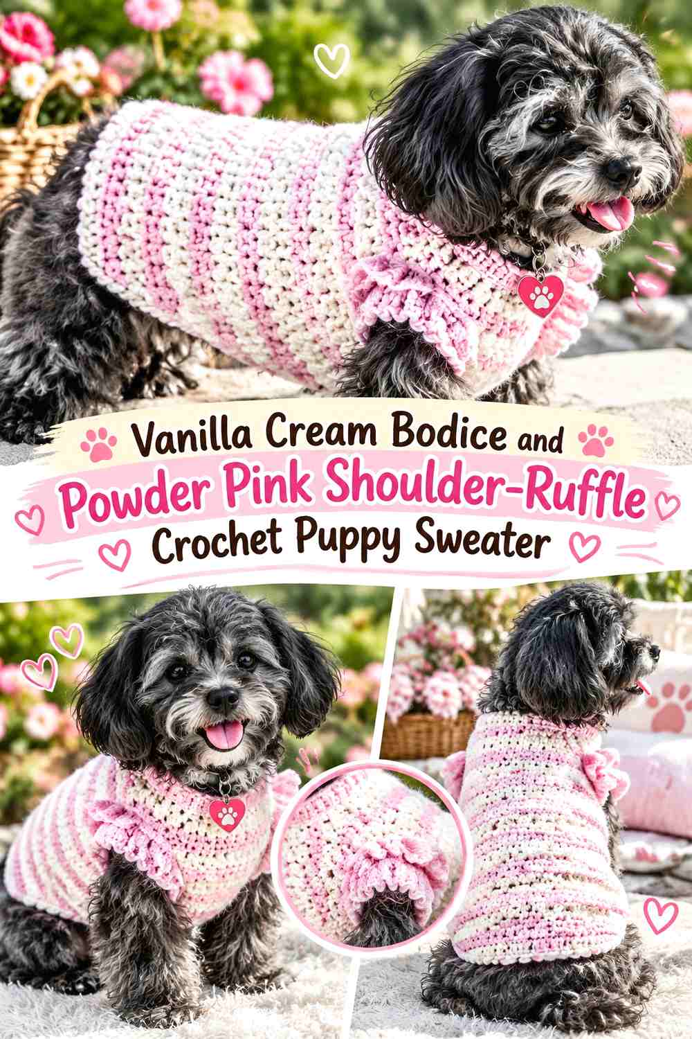 Vanilla Cream Bodice and Powder Pink Shoulder-Ruffle Crochet Puppy Sweater