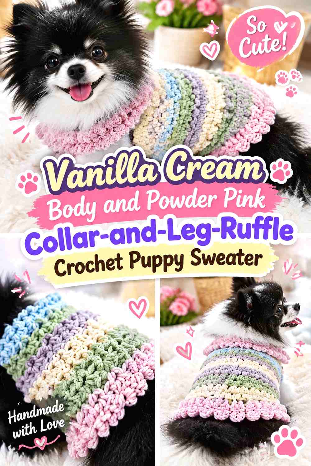 Vanilla Cream Body and Powder Pink Collar-and-Leg-Ruffle Crochet Puppy Sweater