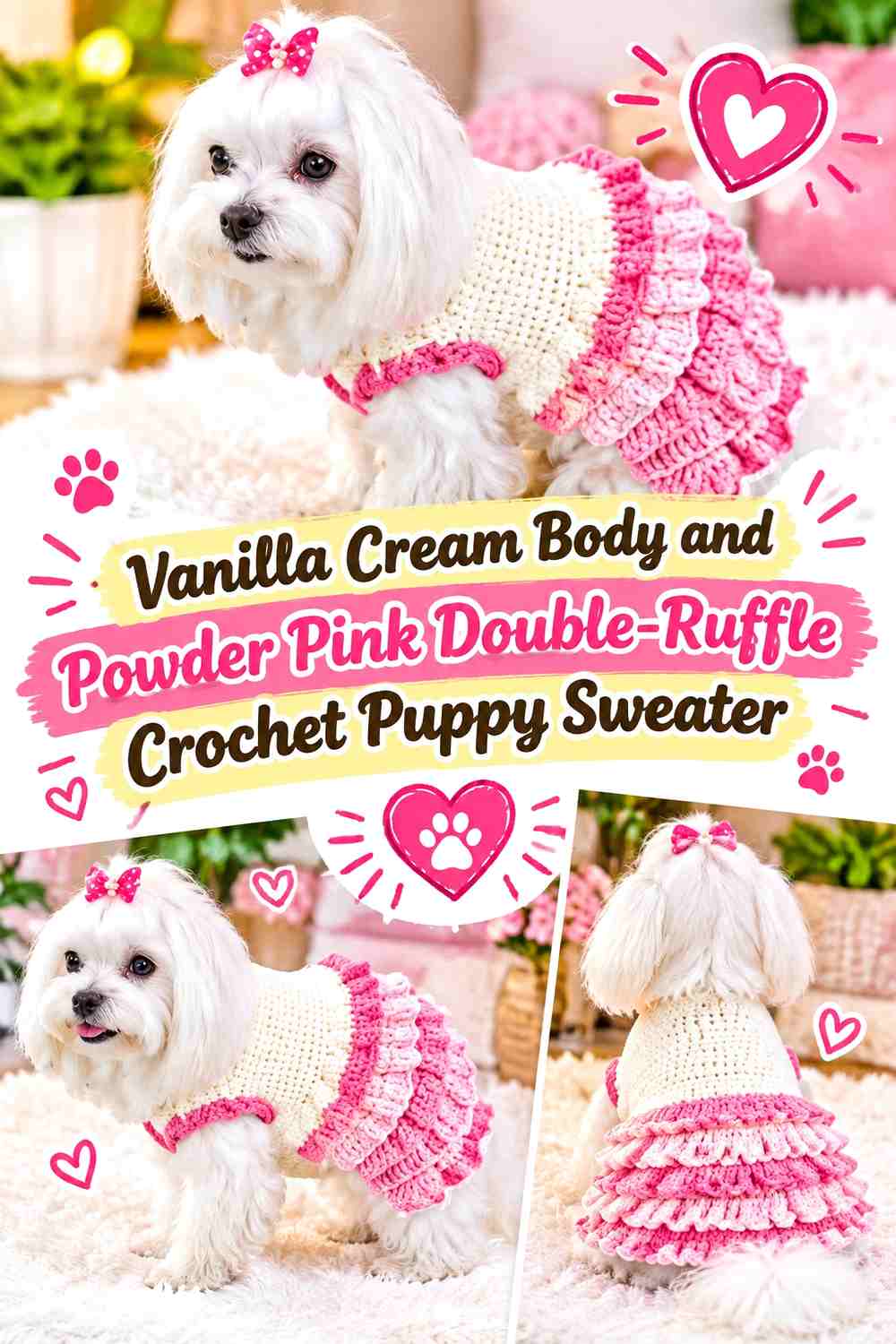 Vanilla Cream Body and Powder Pink Double-Ruffle Crochet Puppy Sweater