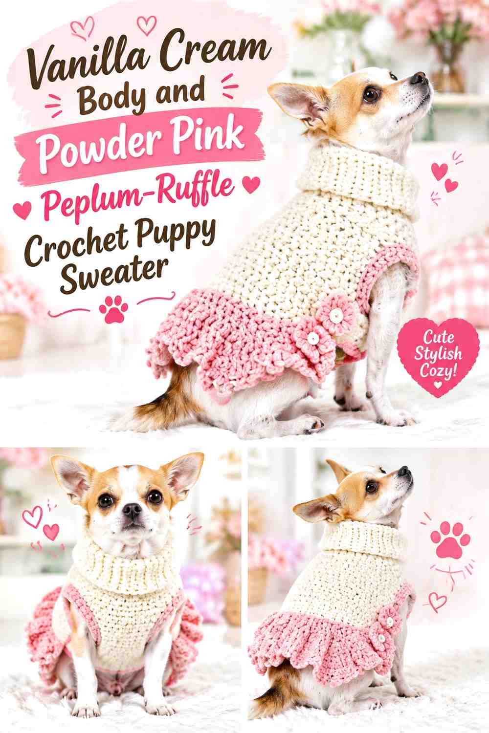 Vanilla Cream Body and Powder Pink Peplum-Ruffle Crochet Puppy Sweater
