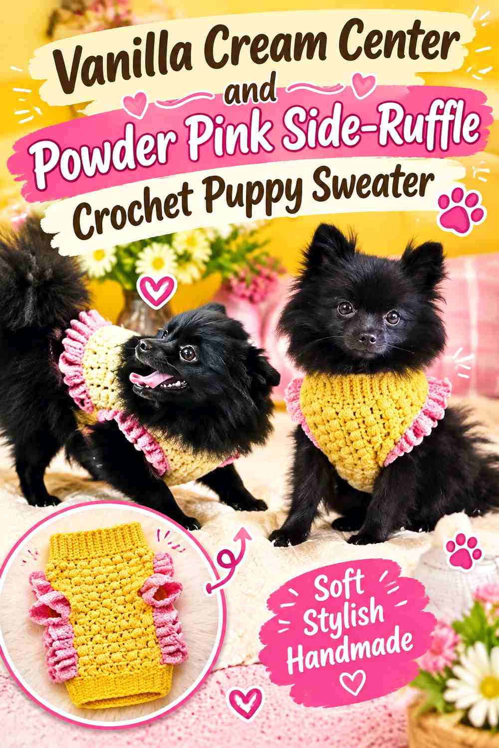 Vanilla Cream Center and Powder Pink Side-Ruffle Crochet Puppy Sweater