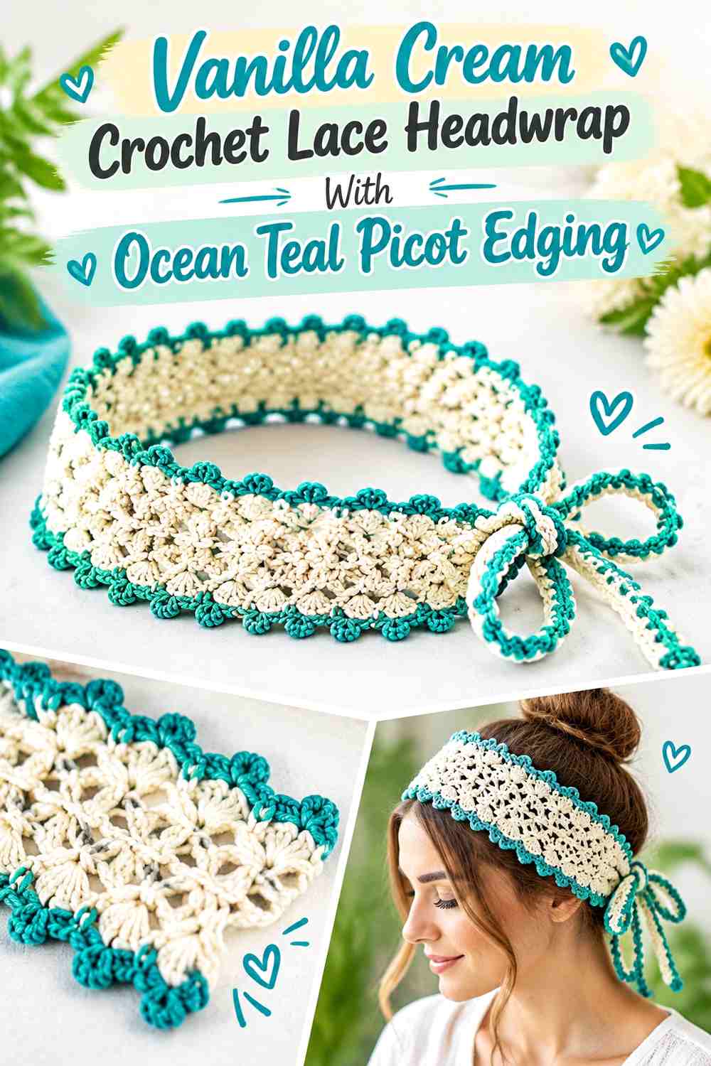 Vanilla Cream Crochet Lace Headwrap With Ocean Teal Picot Edging