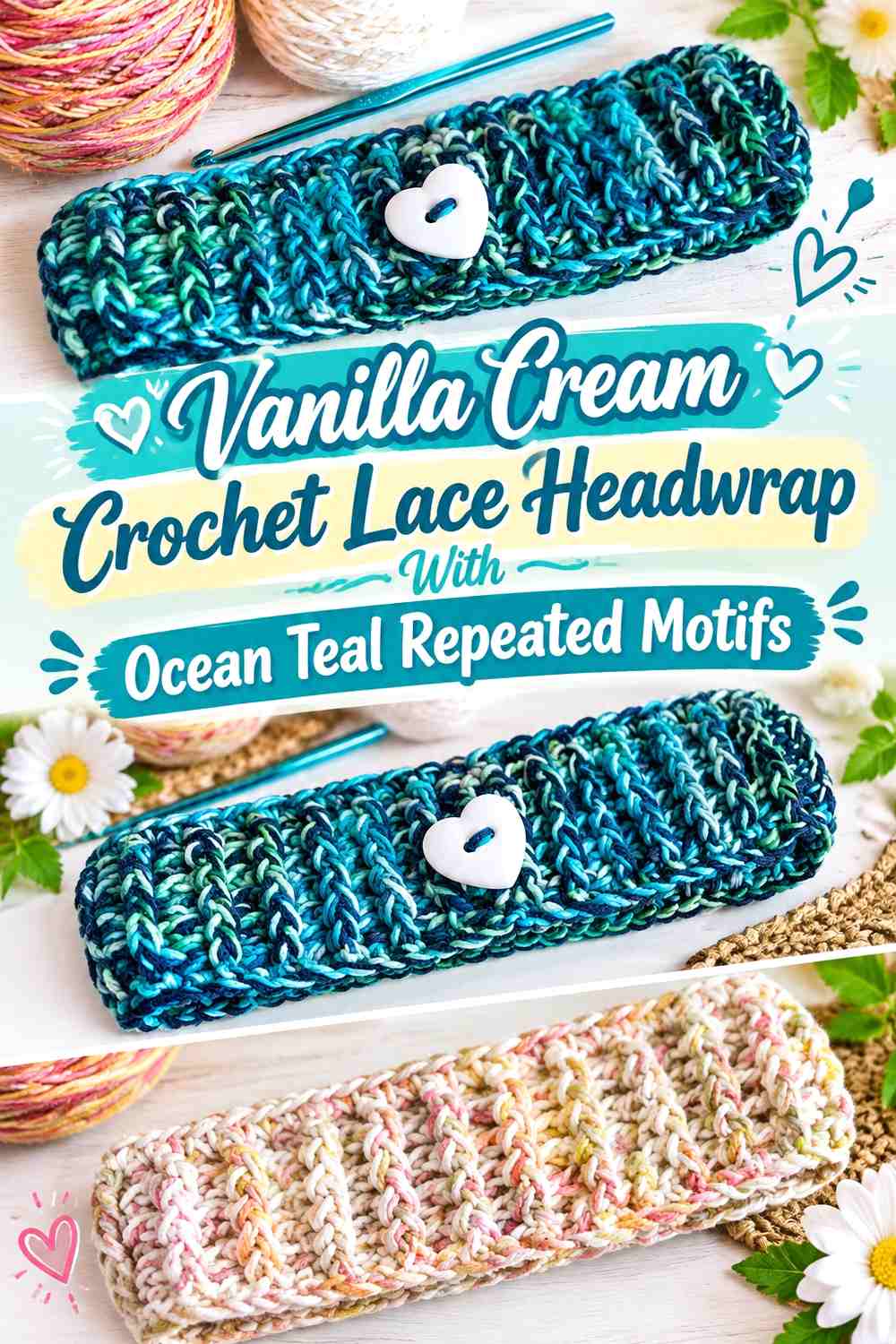 Vanilla Cream Crochet Lace Headwrap With Ocean Teal Repeated Motifs