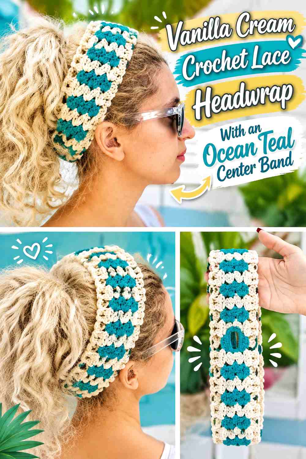 Vanilla Cream Crochet Lace Headwrap With an Ocean Teal Center Band