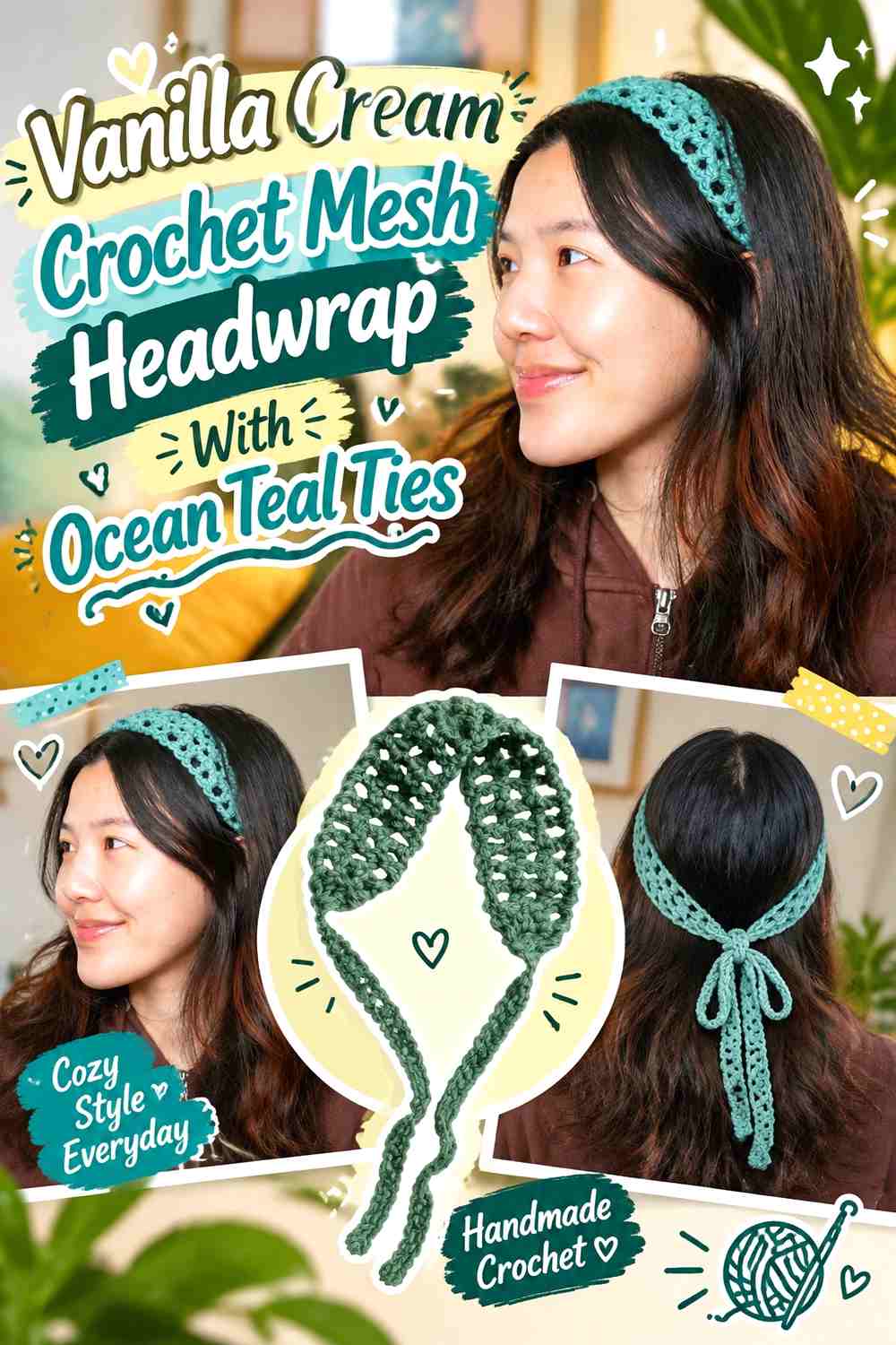 Vanilla Cream Crochet Mesh Headwrap With Ocean Teal Ties