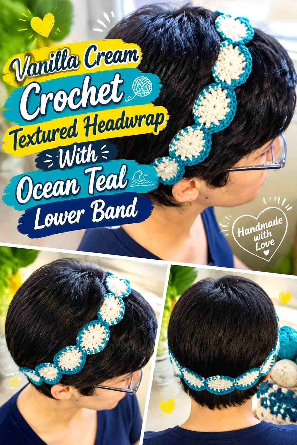 Vanilla Cream Crochet Textured Headwrap With Ocean Teal Lower Band
