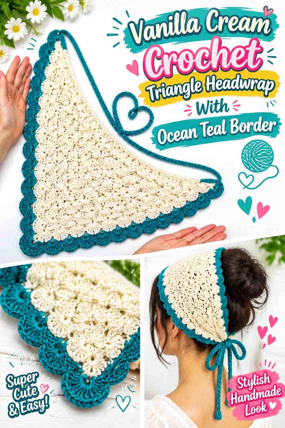 Vanilla Cream Crochet Triangle Headwrap With Ocean Teal Border