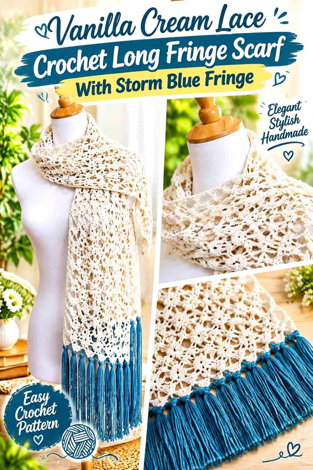 Vanilla Cream Lace Crochet Long Fringe Scarf With Storm Blue Fringe