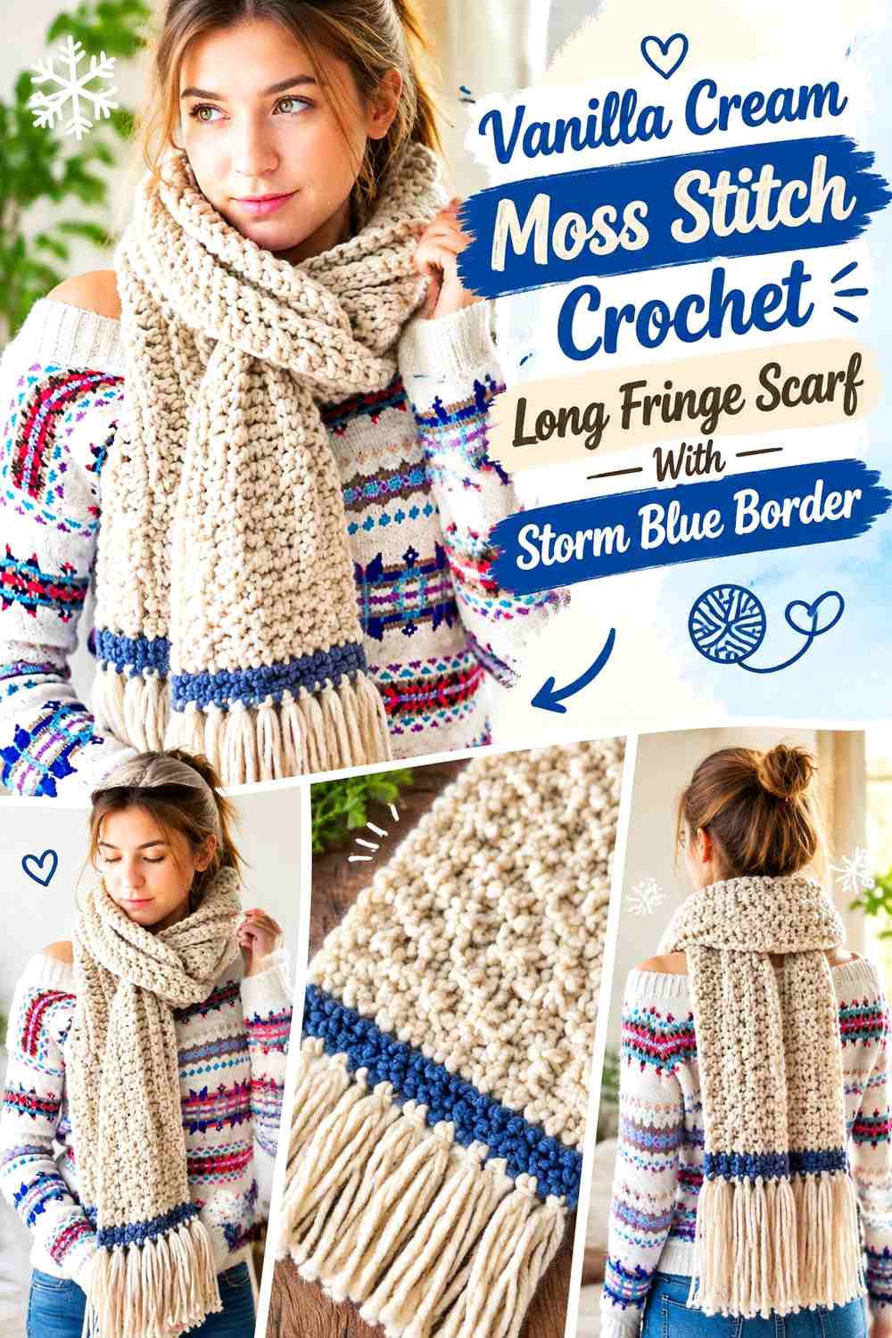 Vanilla Cream Moss Stitch Crochet Long Fringe Scarf With Storm Blue Border