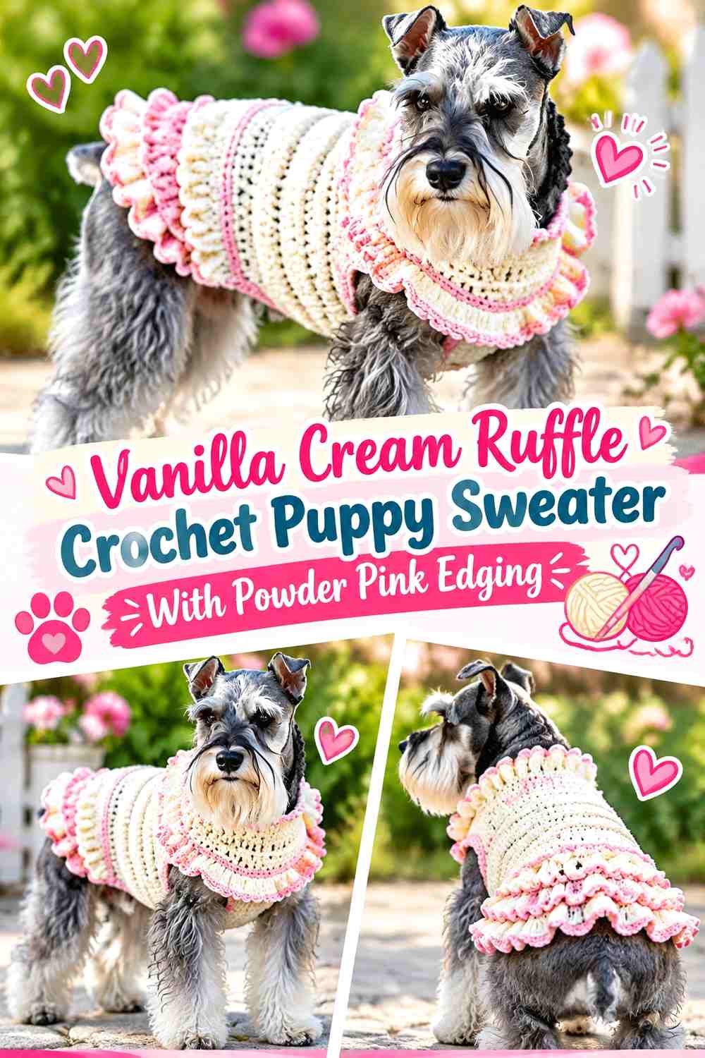Vanilla Cream Ruffle Crochet Puppy Sweater With Powder Pink Edging