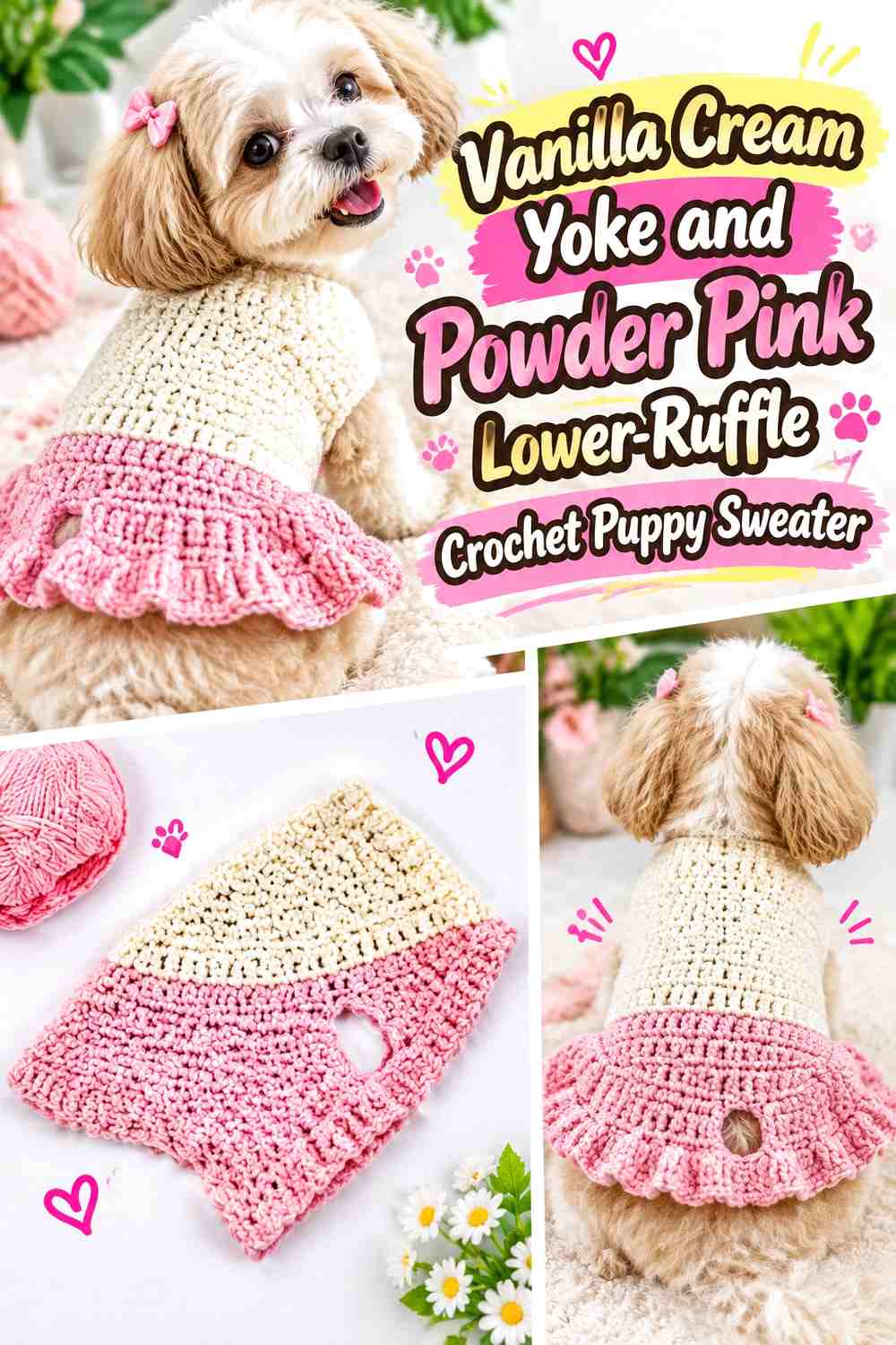 Vanilla Cream Yoke and Powder Pink Lower-Ruffle Crochet Puppy Sweater