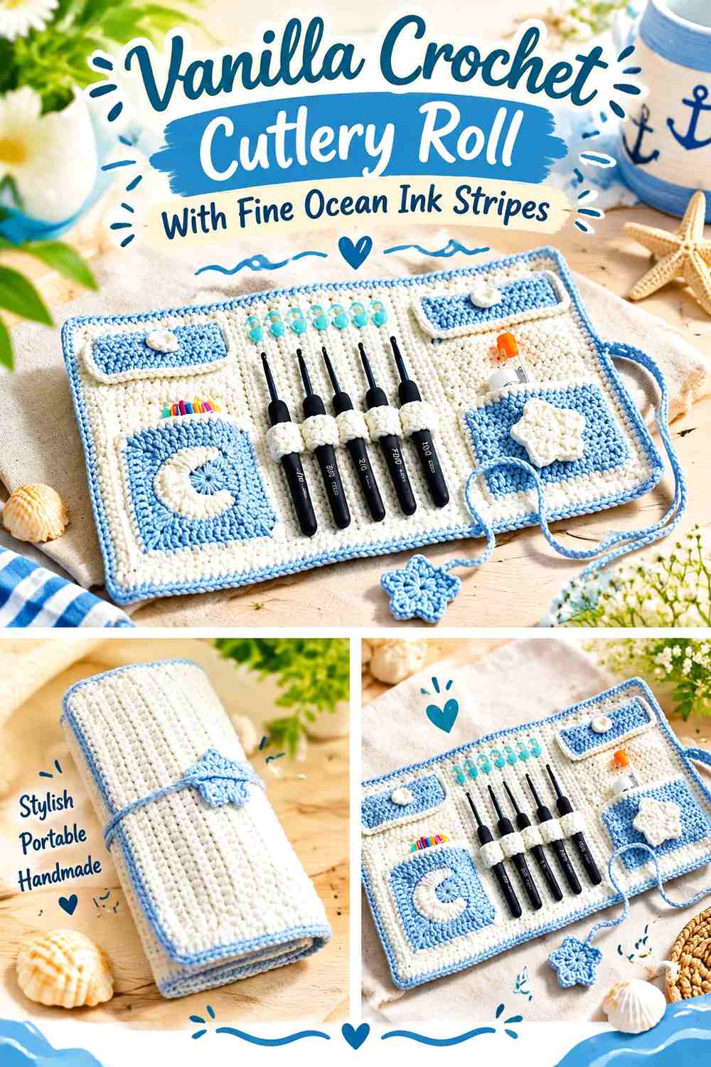 Vanilla Crochet Cutlery Roll With Fine Ocean Ink Stripes
