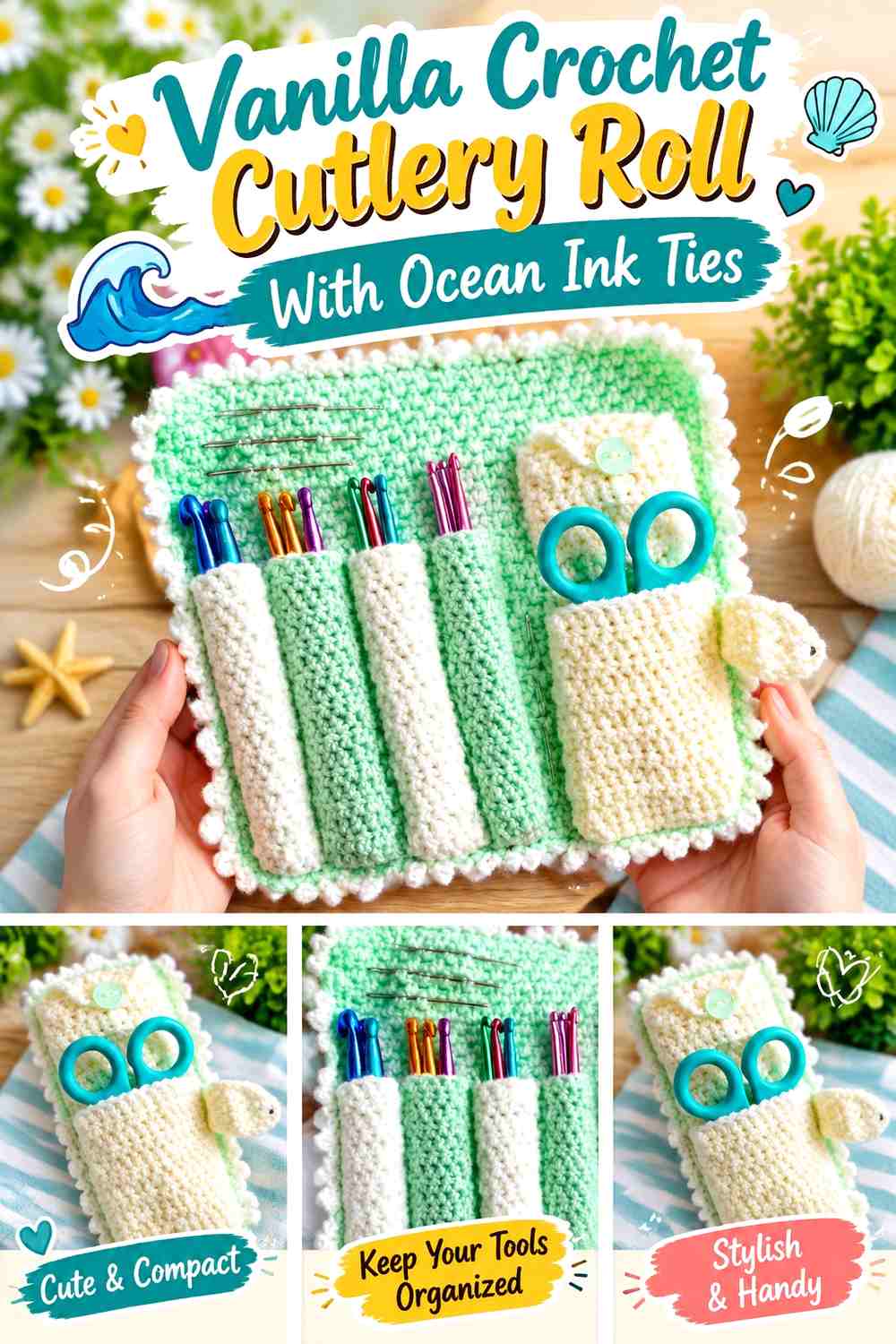 Vanilla Crochet Cutlery Roll With Ocean Ink Ties