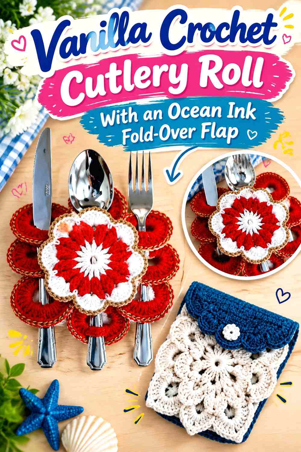 Vanilla Crochet Cutlery Roll With an Ocean Ink Fold Over Flap