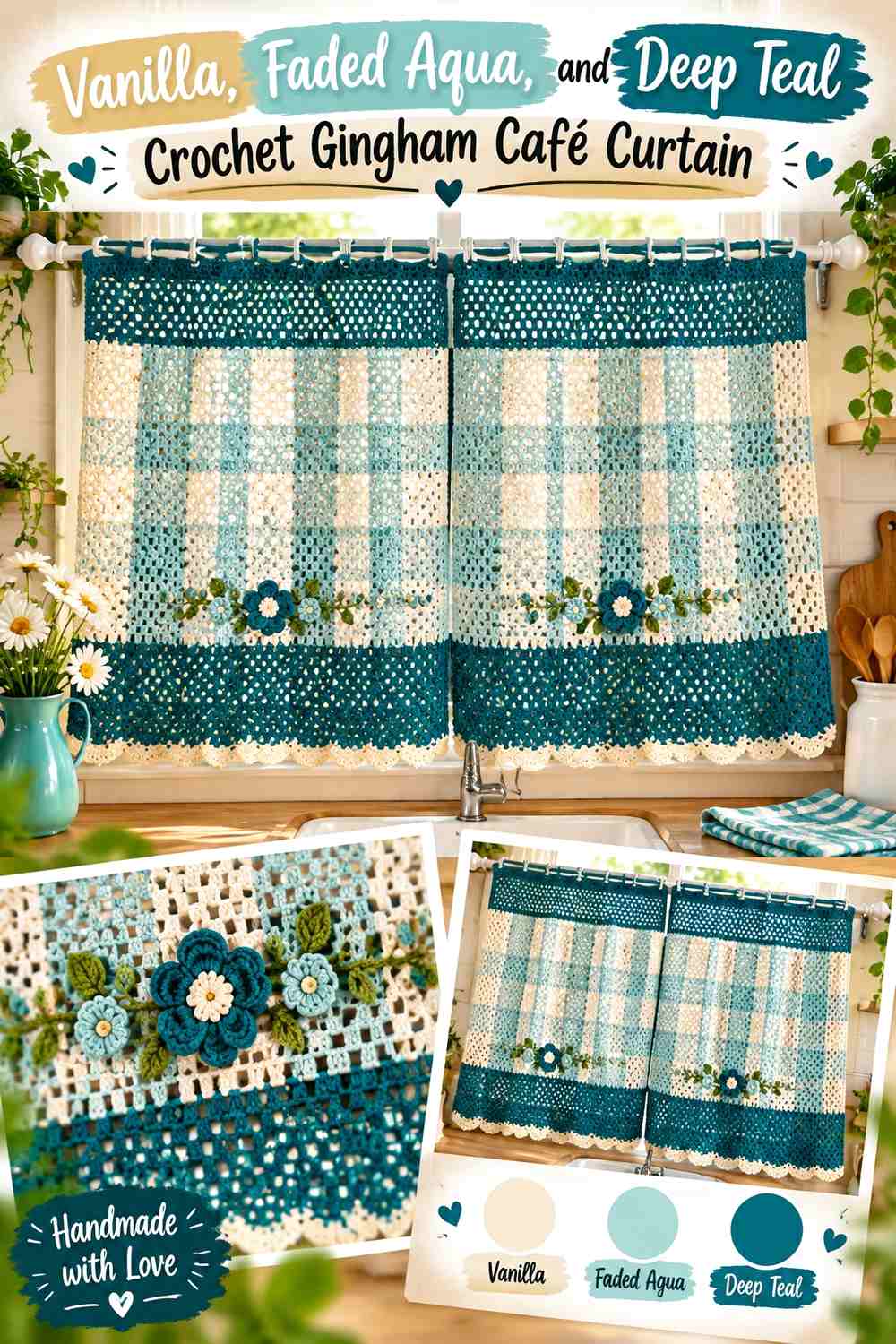 Vanilla, Faded Aqua, and Deep Teal Crochet Gingham Café Curtain