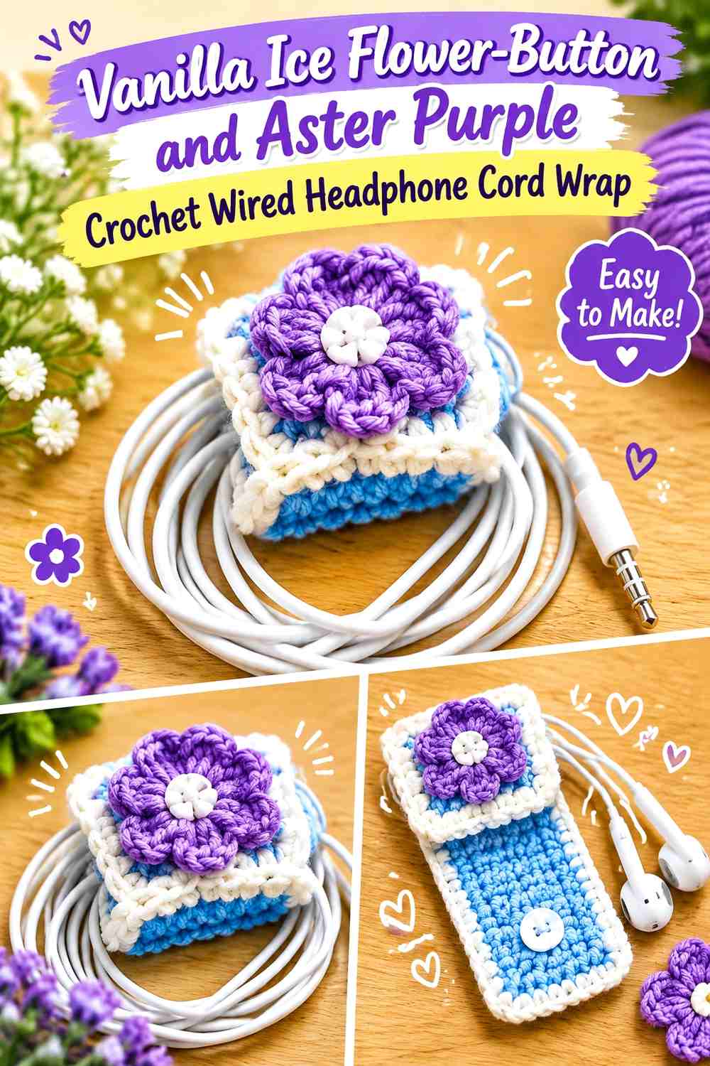 Vanilla Ice Flower-Button and Aster Purple Crochet Wired Headphone Cord Wrap