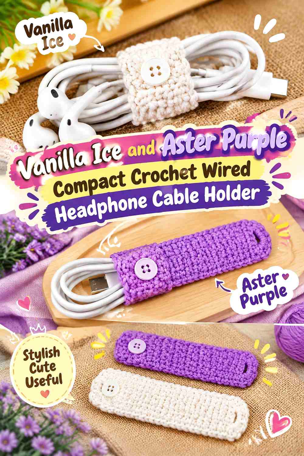 Vanilla Ice and Aster Purple Compact Crochet Wired Headphone Cable Holder