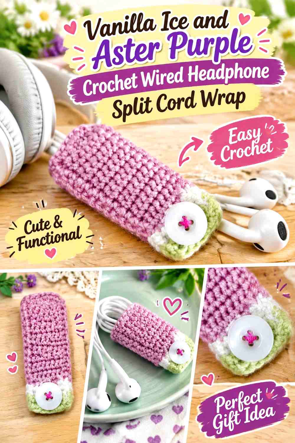 Vanilla Ice and Aster Purple Crochet Wired Headphone Split Cord Wrap