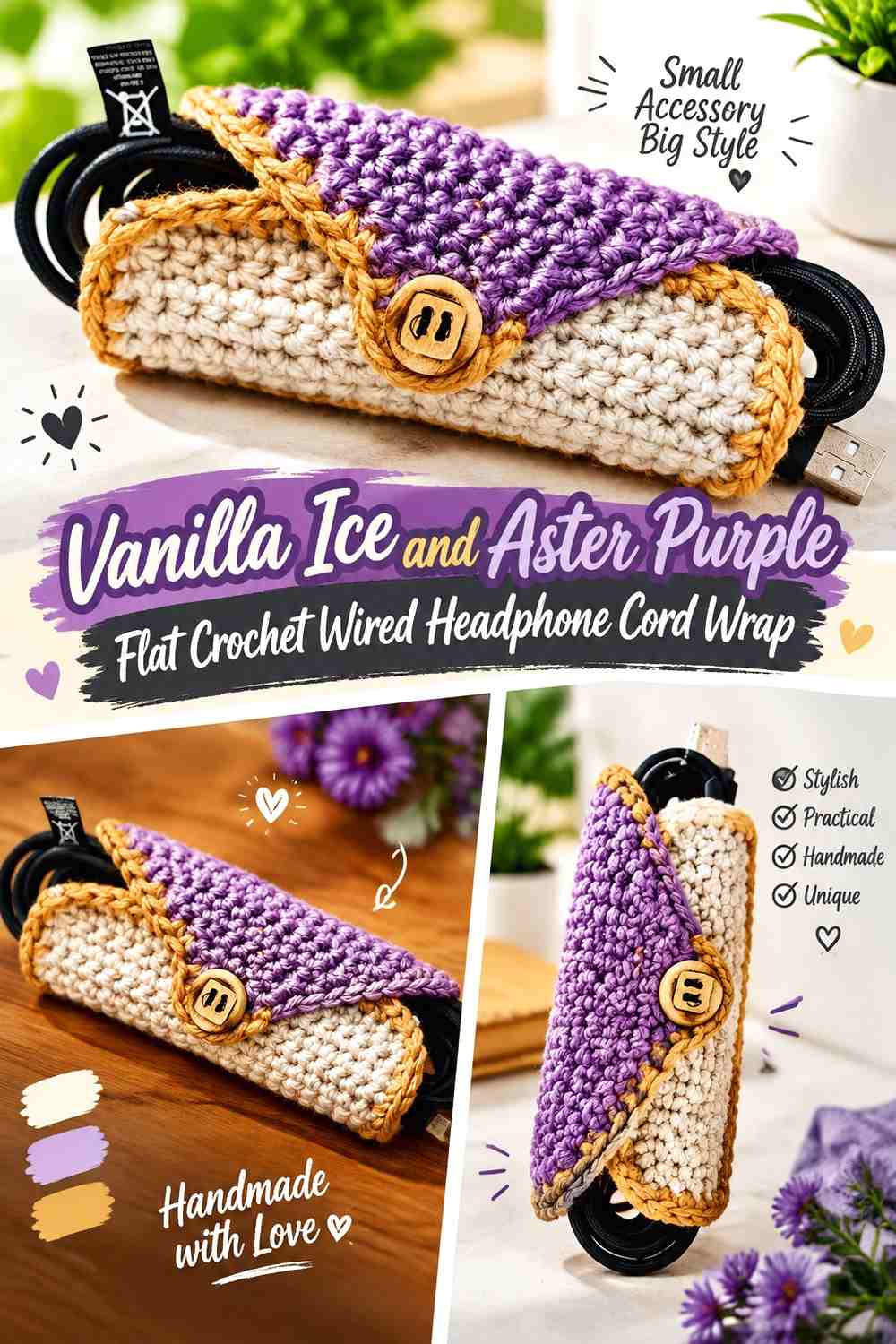 Vanilla Ice and Aster Purple Flat Crochet Wired Headphone Cord Wrap
