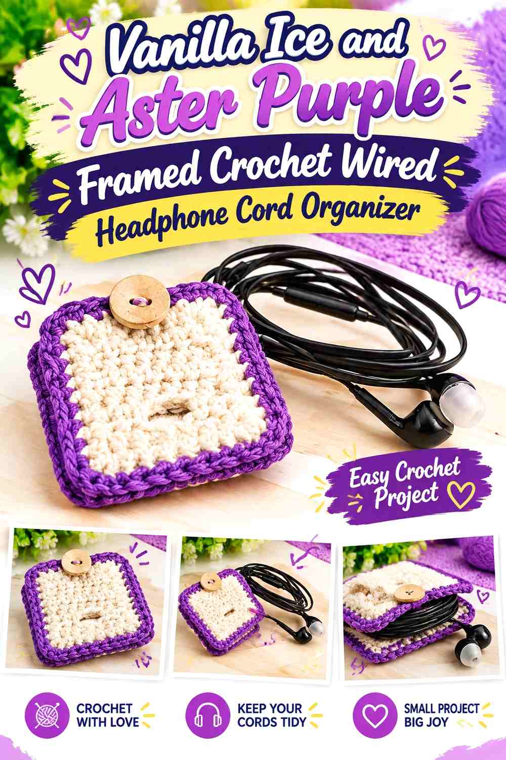 Aster Purple Ivy and Vanilla Ice Leaf Crochet Wired Headphone Cord Cover