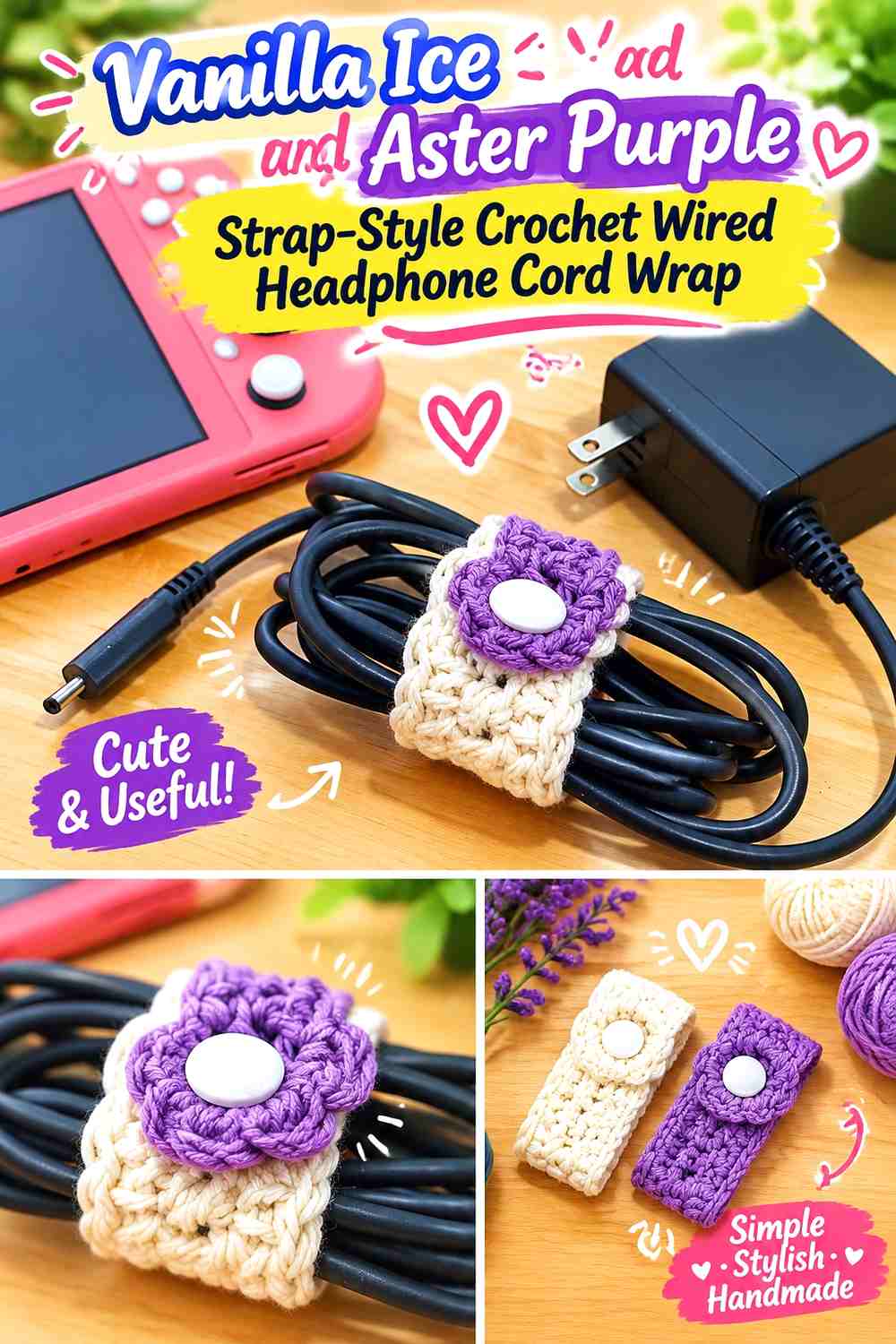 Vanilla Ice and Aster Purple Strap-Style Crochet Wired Headphone Cord Wrap