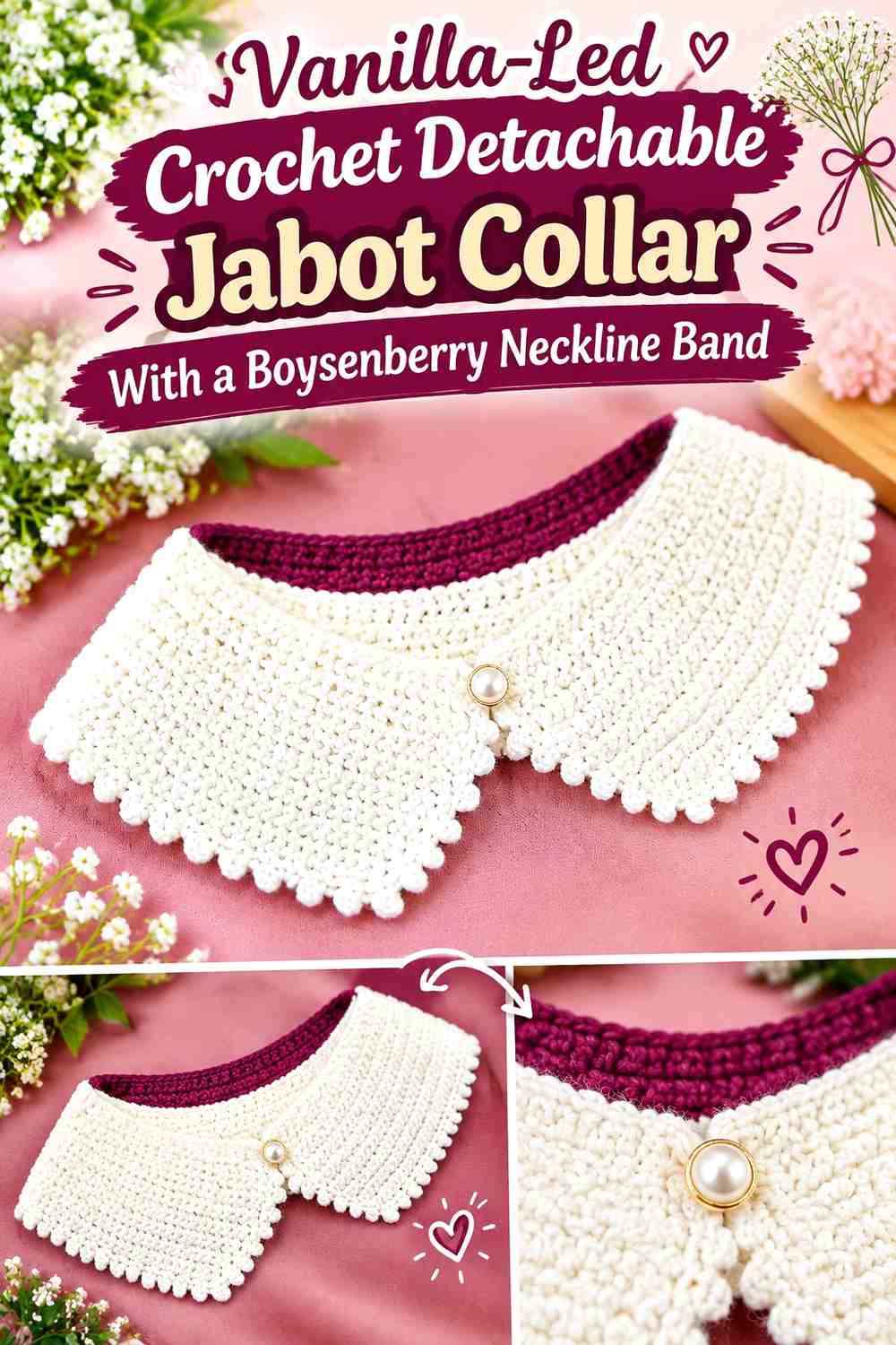 Vanilla-Led Crochet Detachable Jabot Collar With a Boysenberry Neckline Band
