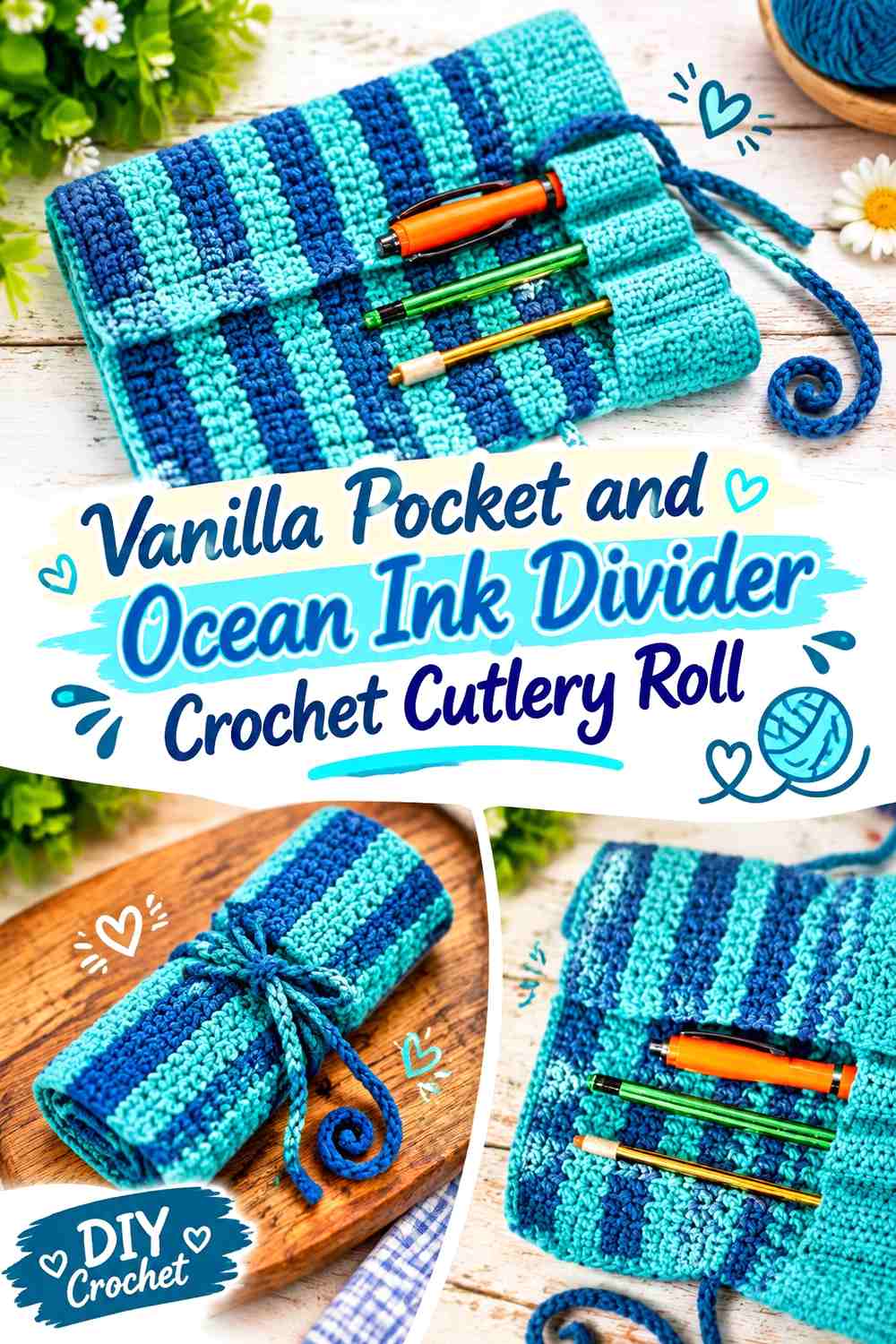 Vanilla Pocket and Ocean Ink Divider Crochet Cutlery Roll