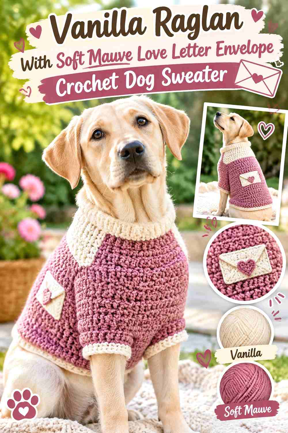 Vanilla Raglan With Soft Mauve Love Letter Envelope Crochet Dog Sweater