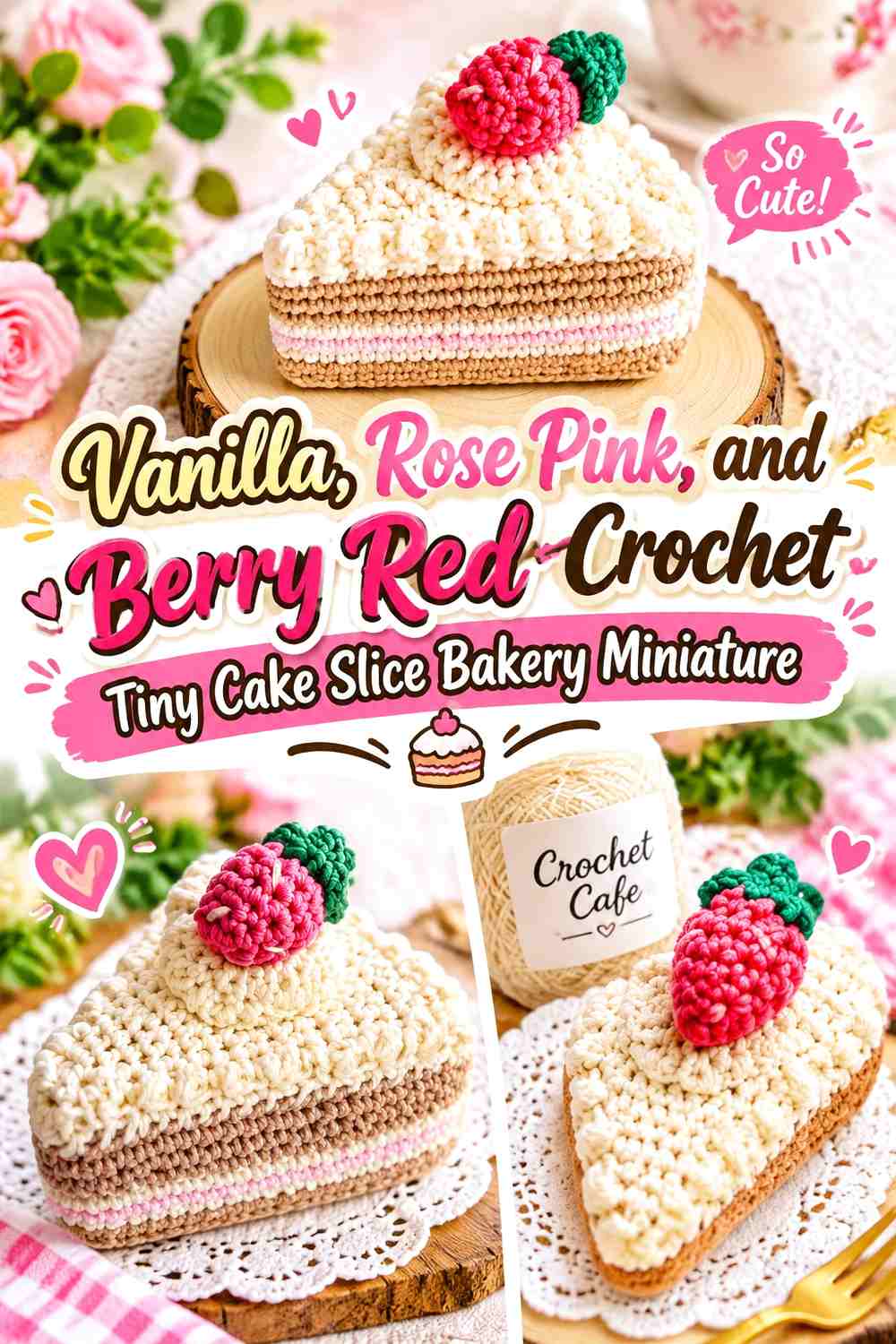 Vanilla, Rose Pink, and Berry Red Crochet Tiny Cake Slice Bakery Miniature