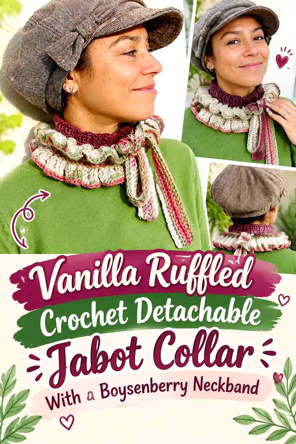 Vanilla Ruffled Crochet Detachable Jabot Collar With a Boysenberry Neckband
