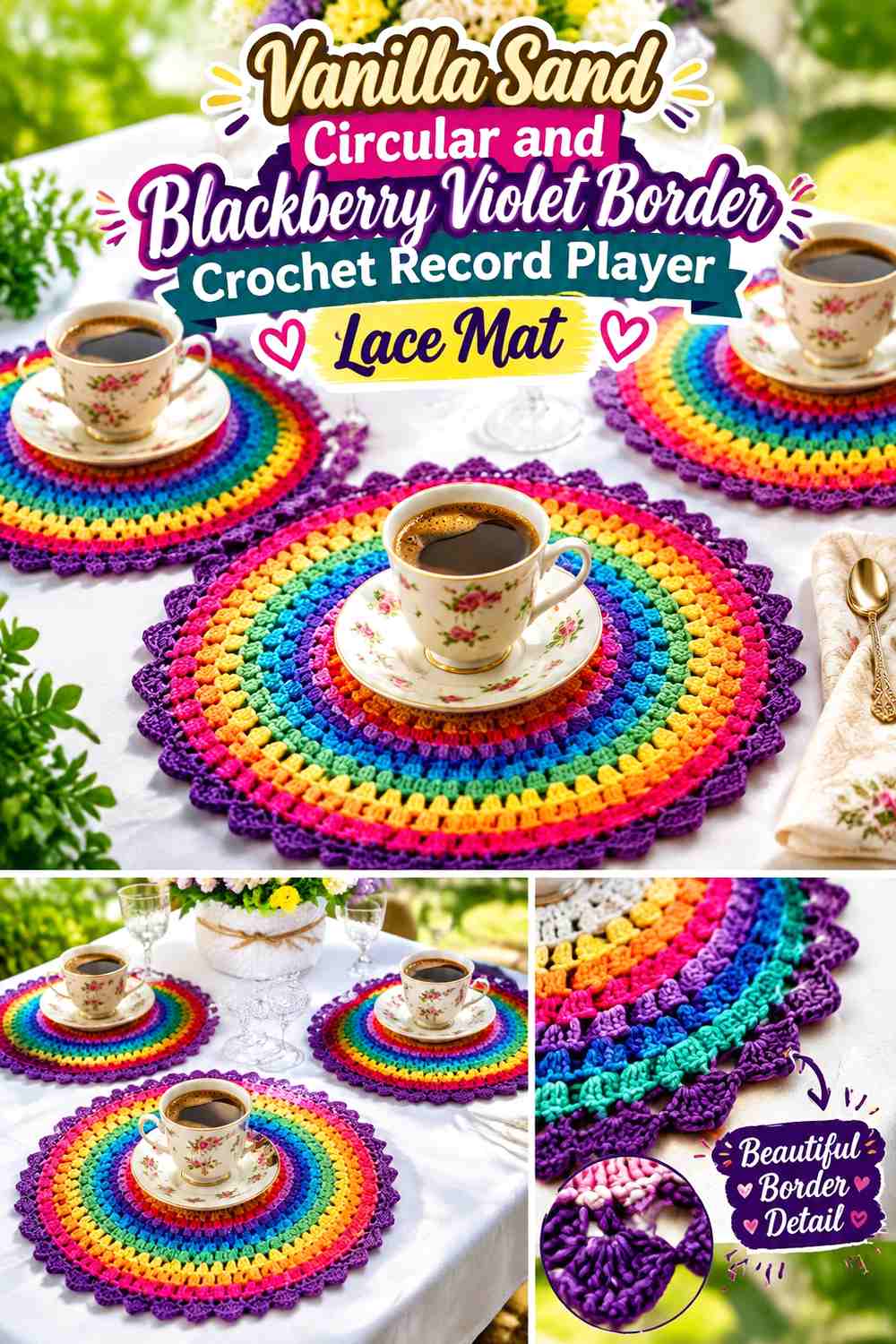 Vanilla Sand Circular and Blackberry Violet Border Crochet Record Player Lace Mat