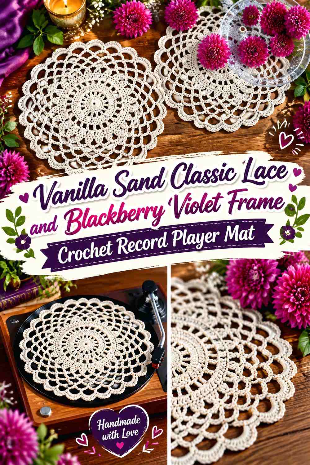 Vanilla Sand Classic Lace and Blackberry Violet Frame Crochet Record Player Mat