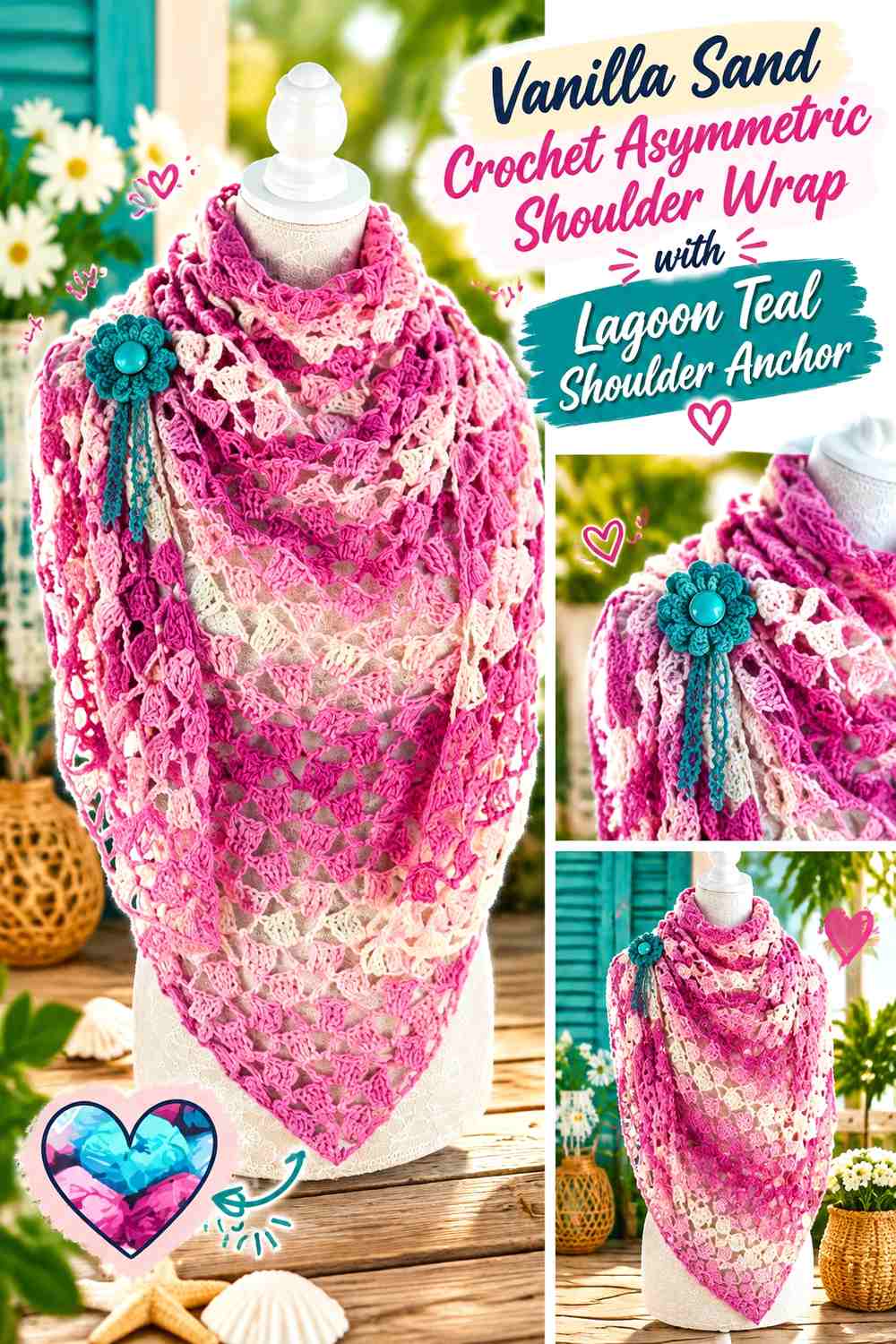 Vanilla Sand Crochet Asymmetric Shoulder Wrap with Lagoon Teal Shoulder Anchor