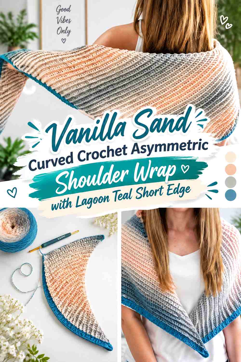Vanilla Sand Curved Crochet Asymmetric Shoulder Wrap with Lagoon Teal Short Edge