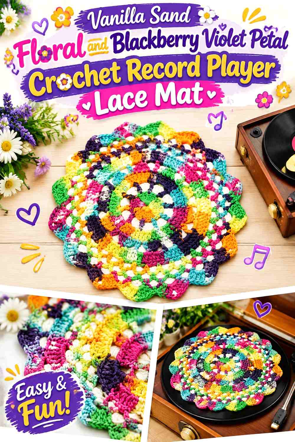 Vanilla Sand Floral and Blackberry Violet Petal Crochet Record Player Lace Mat
