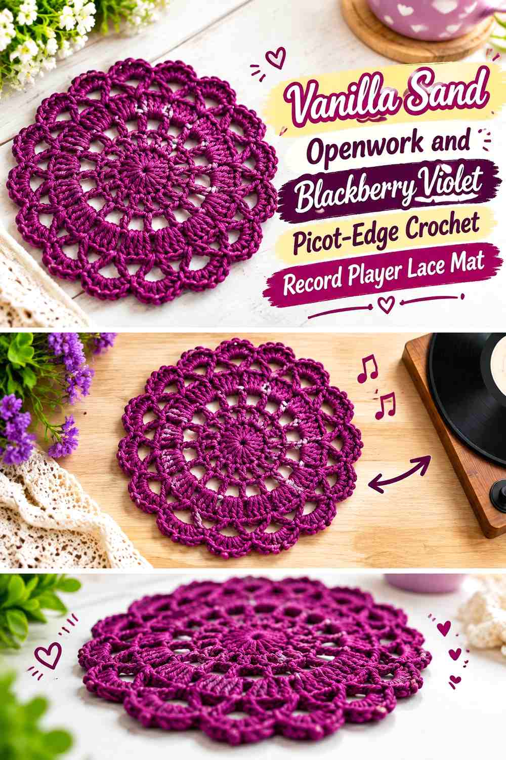 Vanilla Sand Openwork and Blackberry Violet Picot-Edge Crochet Record Player Lace Mat