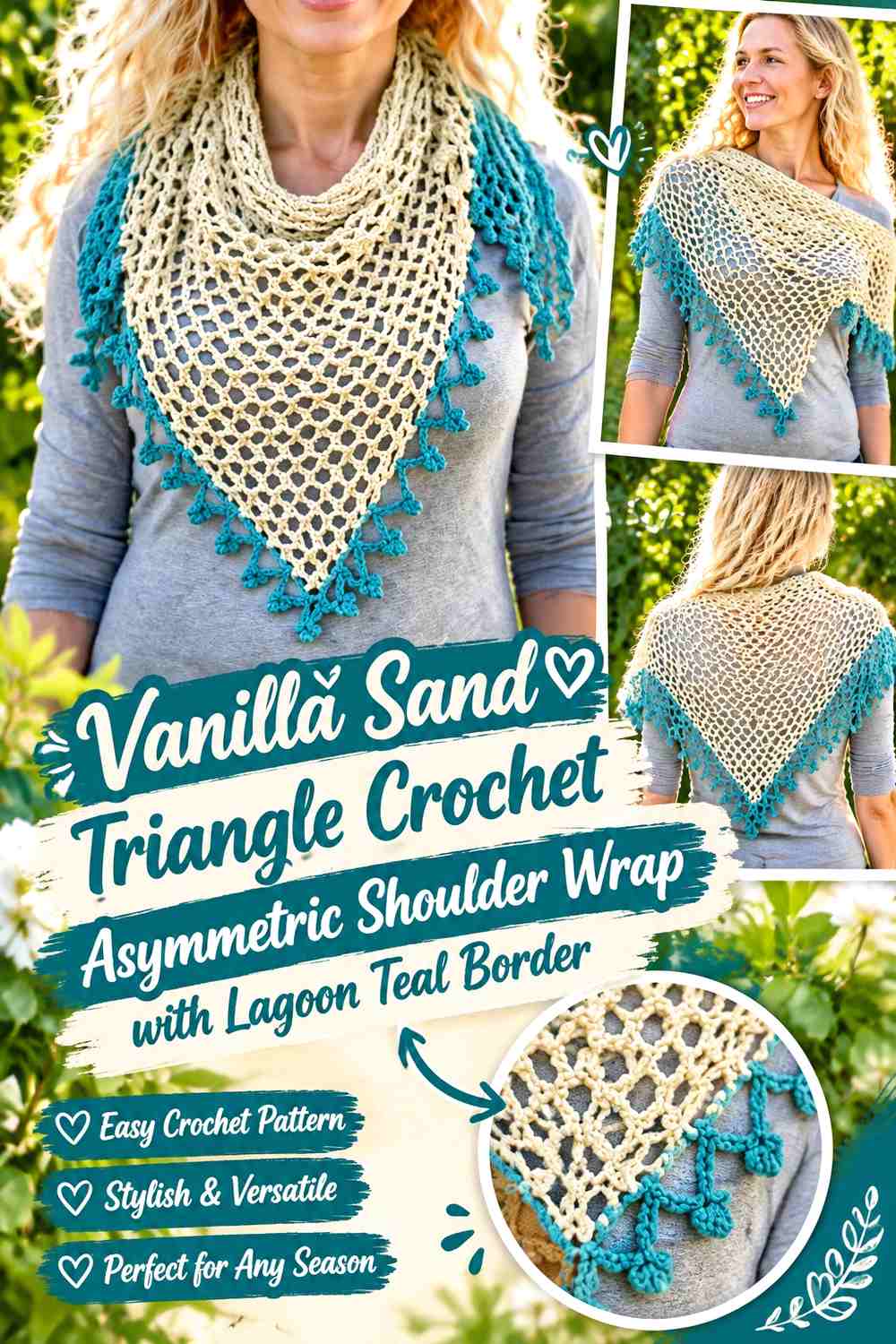 Vanilla Sand Triangle Crochet Asymmetric Shoulder Wrap with Lagoon Teal Border